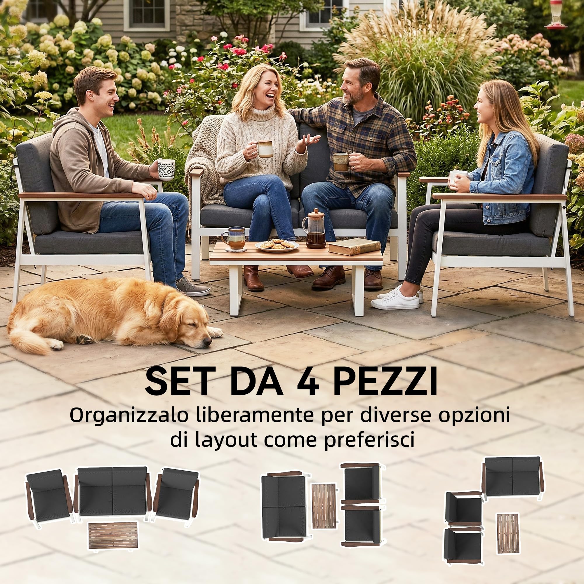 Outsunny Set Salotto da Giardino 4 Pezzi, Set di Mobili da Giardino in Legno di Acacia e Metallo con Divano 2 Posti, 2 Poltrone, Tavolino, Cuscini, Schienale Intrecciato, Salottino da Esterno, Grigio