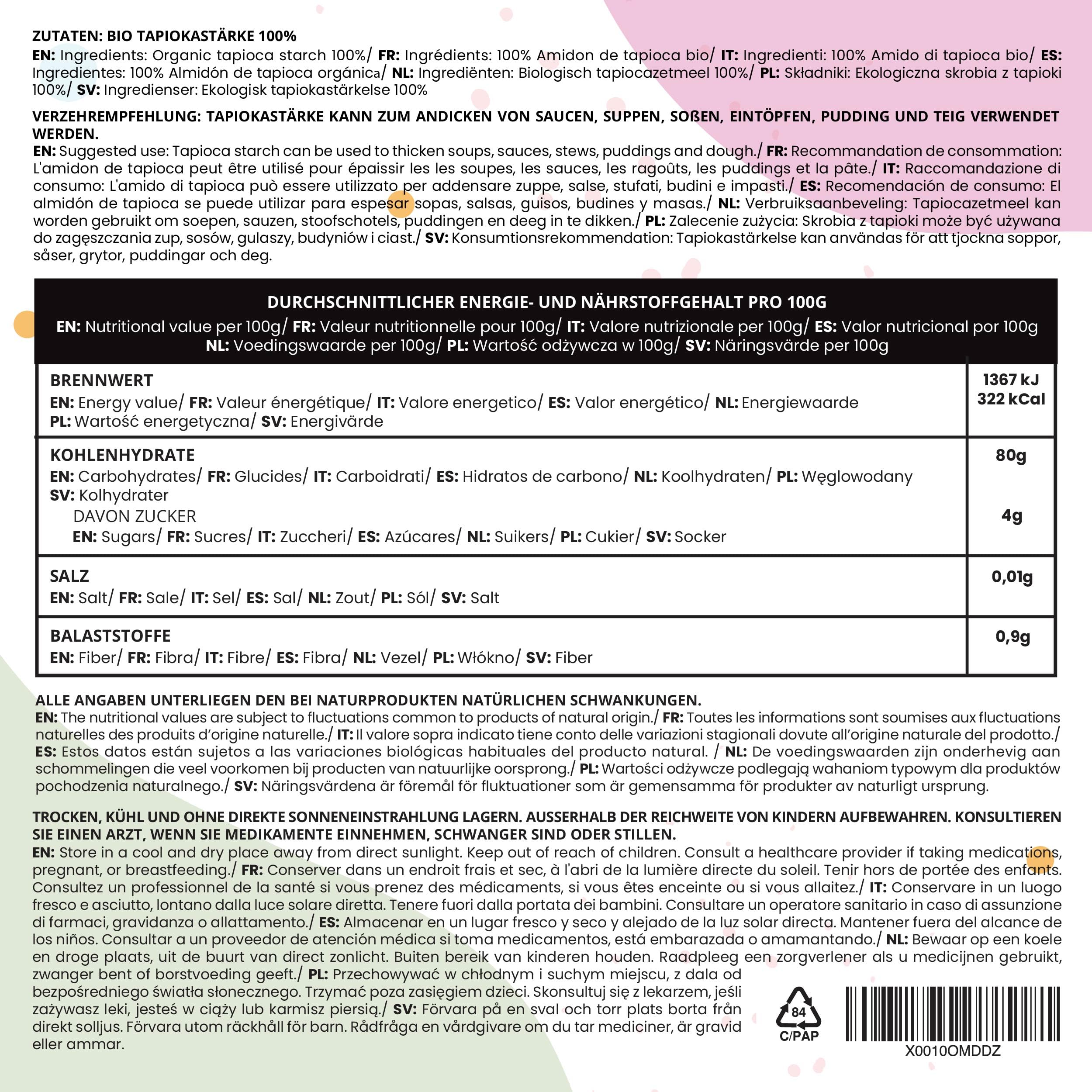 IDDA Herbal Harina de Tapioca Orgánica 1kg, Almidón de Tapioca Orgánico Molido, Harina sin Gluten