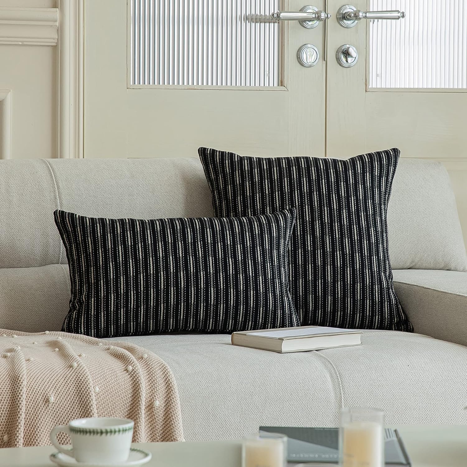 Kevin Textile Pack of 2 Farmhouse Throw Pillow Covers Boho Woven Texture Linen Striped Decorative Pillow Cases for Couch Bed and Chair, Black 12 x 20 inches 30 x 50 cm - Image 4