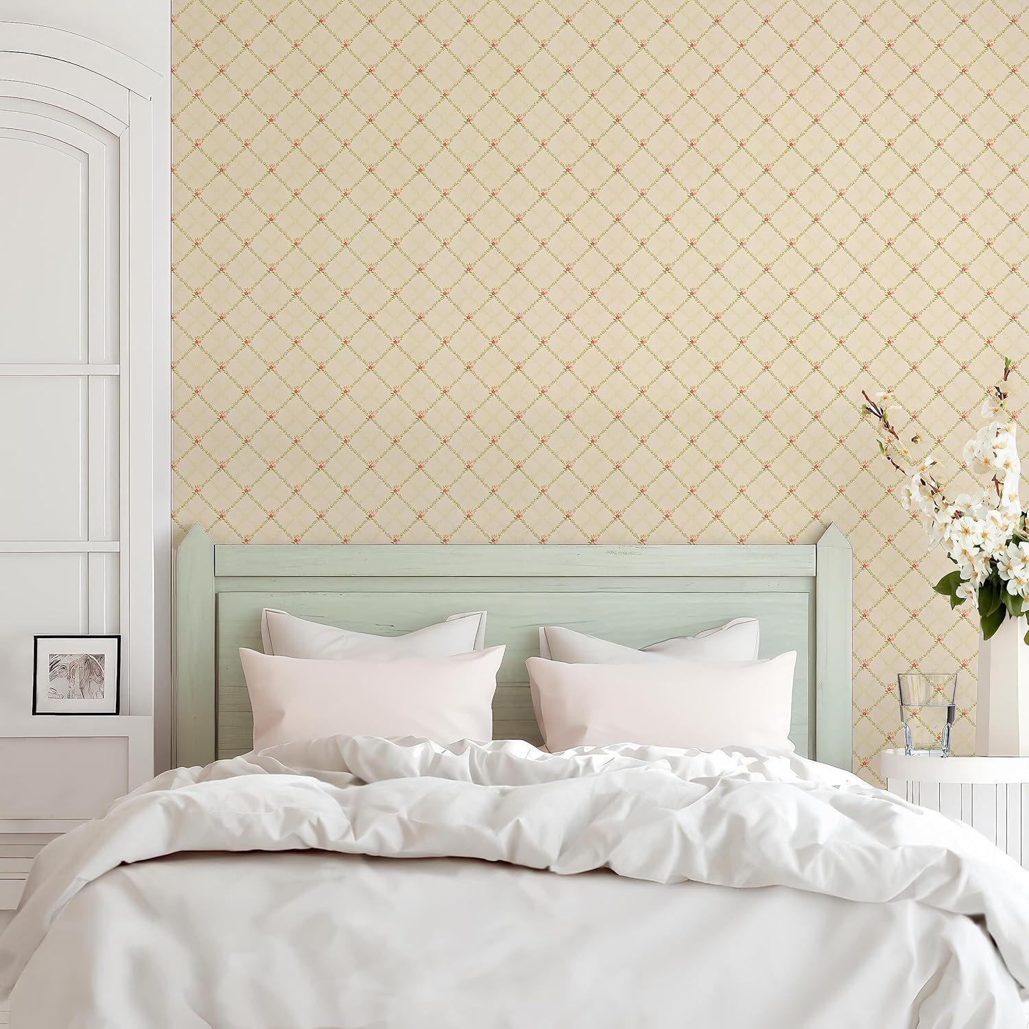 RollsRolla Floral Plaid Peel and Stick Wallpaper - Farmhouse Styled Warm Beige, Rustic Style Featuring Pink Dainty Flowers, Renter Friendly Wallpaper for Living Room, Kitchen, Bedroom