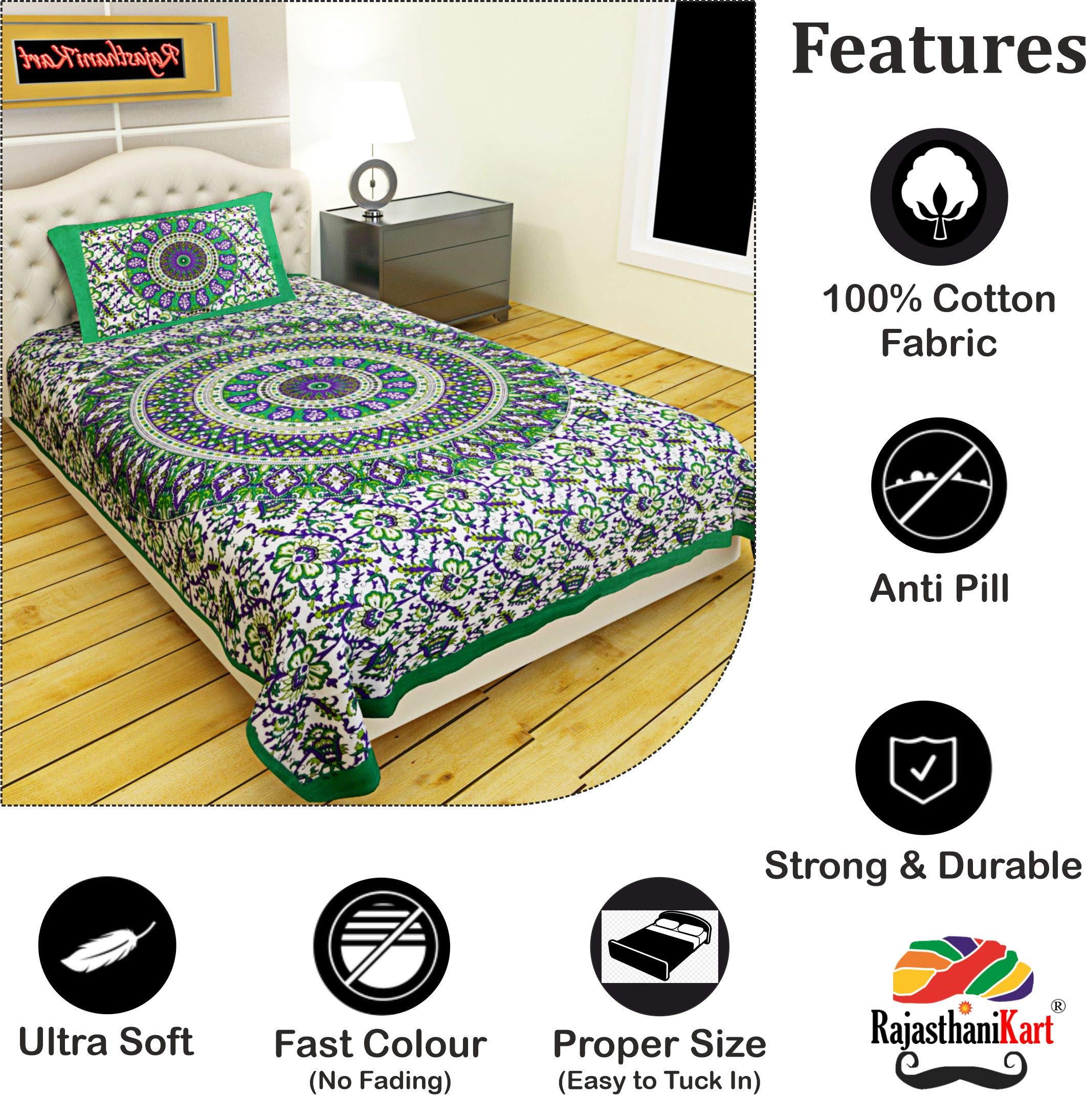 Rajasthani Jaipuri Bedsheet - Green Cotton -2