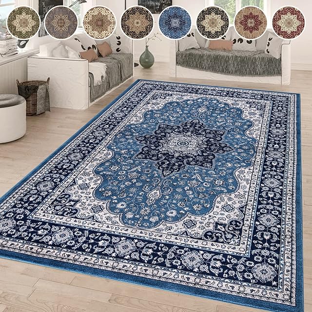 cozily Vintage Traditional Rug, Extra Large Rome Area Rug for Living Room, Turkish Washable Jute Backed Rug for Bedroom Hallway Kitchen Office Aisle Corridor (280x380, Blue)