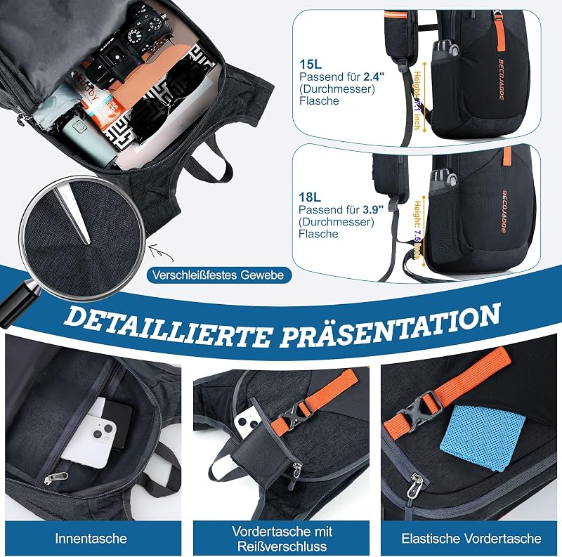 BECOJADDE 15L Túrahátizsák - Könnyű, Összecsukható Hátizsák Férfiaknak és Nőknek, Minimál Stílusú Fekete Daypack Kempingezéshez, Túrázáshoz