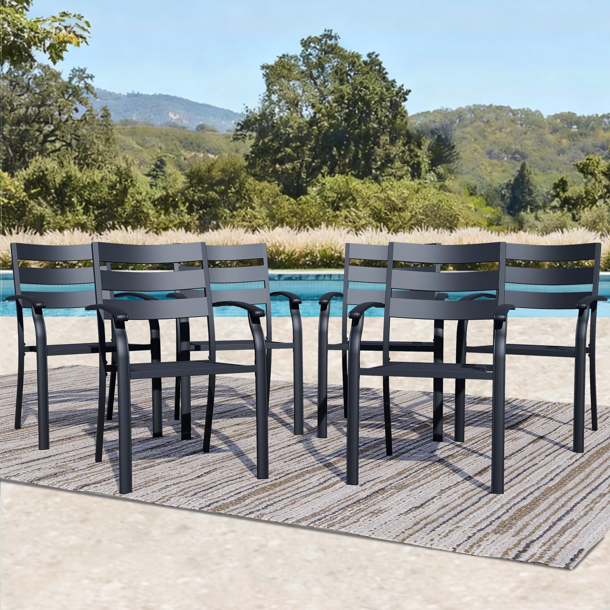 Hanamako Patio Dining Chairs Set of 6, Black Stackable Outdoor Dining Chairs with Armrest and Wide Back, Wrought Iron Patio Furniture Chairs for Lawn,
