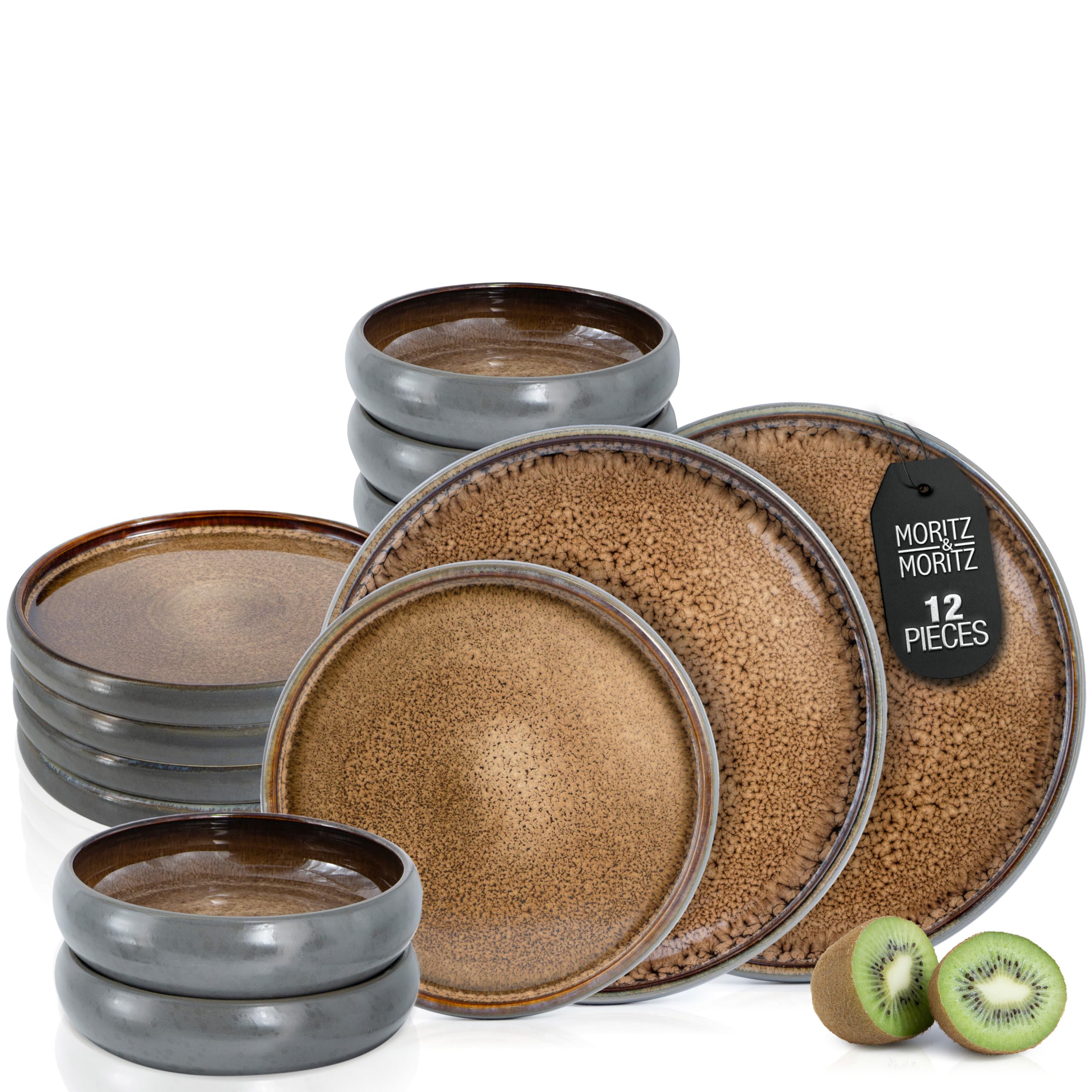 Moritz & Moritz SOLID 12-piece Stoneware Dinnerware Set for 4 People - Dinnerware Set consisting of 4 Dinner Plates, Small Plates, and Large Bowls (Brown)