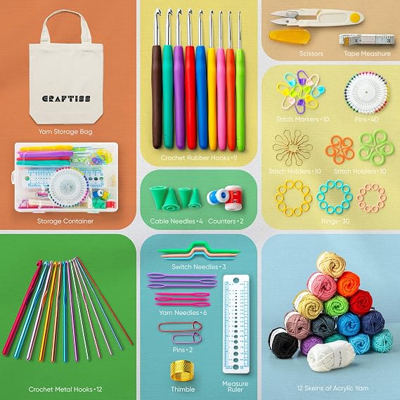 CRAFTISS Crochet Kit 158 pcs + Turquoise Yarn Storage Bag Bundle