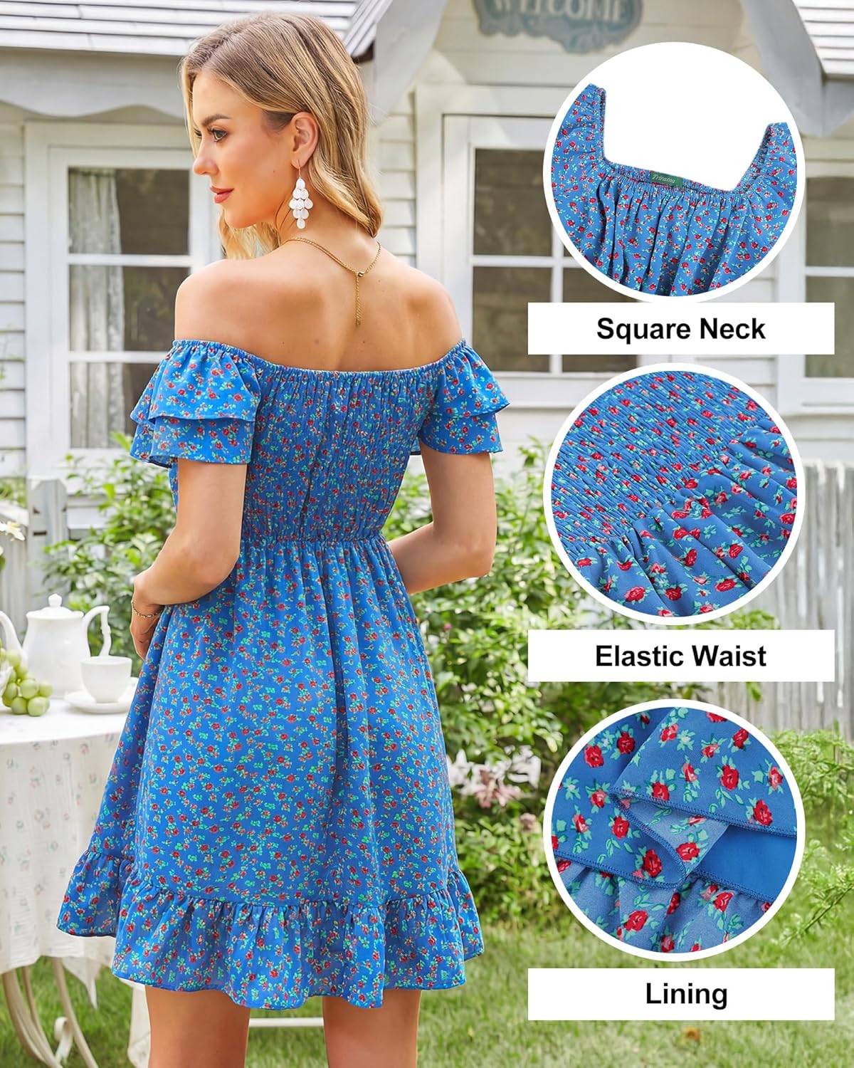 Womens Off The Shoulder Floral Mini Dress Babydoll Summer Beach Vacation Flowy Boho Sundress - Image 5