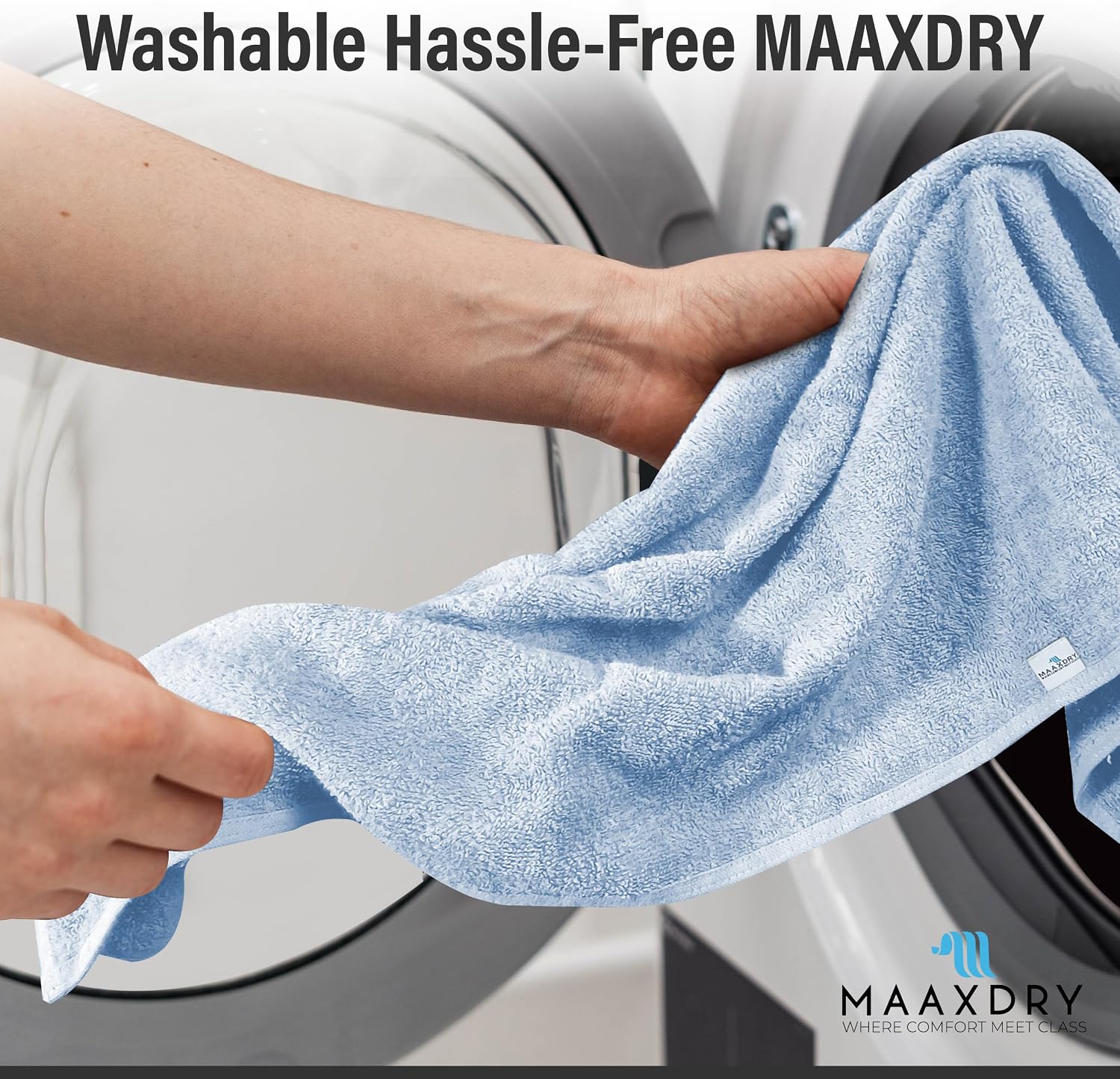 100% Cotton Hair Towel Wrap for Women, Men & Kids – Non-Microfiber 450 GSM Thick Super Absorbent Hair Towel 26x40 Inches, Secure Elastic Hair Wrap for Long & Curly Hair (Blue)