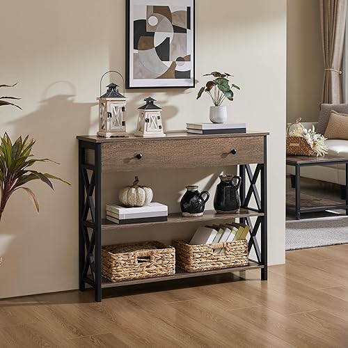 Miniatura 2 de Yaheetech - Mesa de consola con cajón y 2 estantes abiertos de almacenamiento, mesa de sofá para sala de estar, mesa estrecha de 3 niveles para