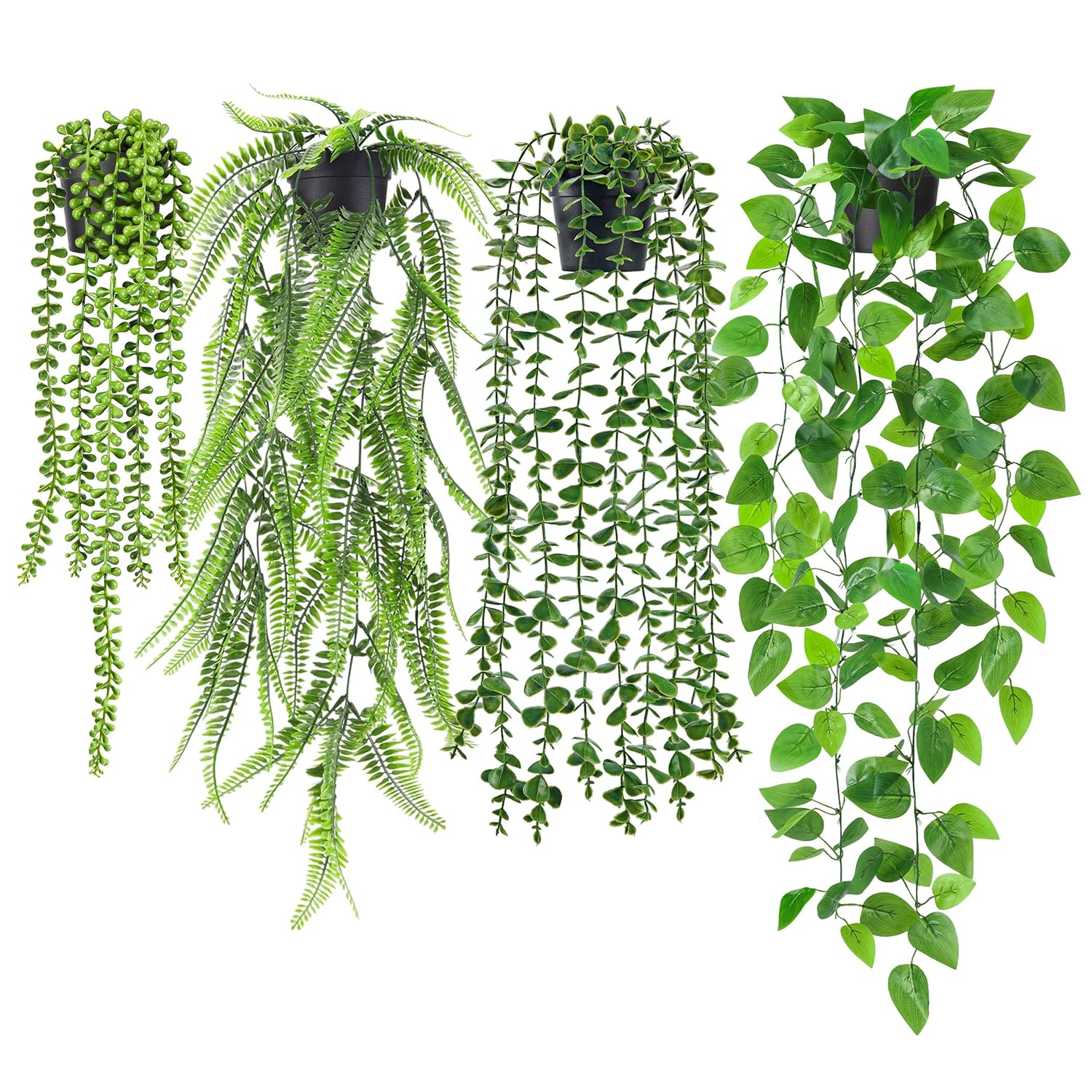 Der Rose 4Pcs Fake Plants Hanging Artificial Ivy Vine Faux Eucalyptus Hanging Plants Boston Fern String of Pearls