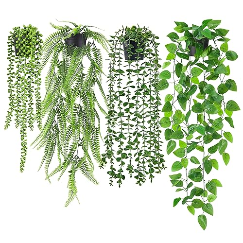 Der Rose 4Pcs Fake Plants Hanging Artificial Ivy Vine Faux Eucalyptus Hanging Plants, Boston Fern, String of Pearls for Living Room Bedroom Boho Wall Shelf Indoor Outdoor Decor - Black Pots-4pcs Green
