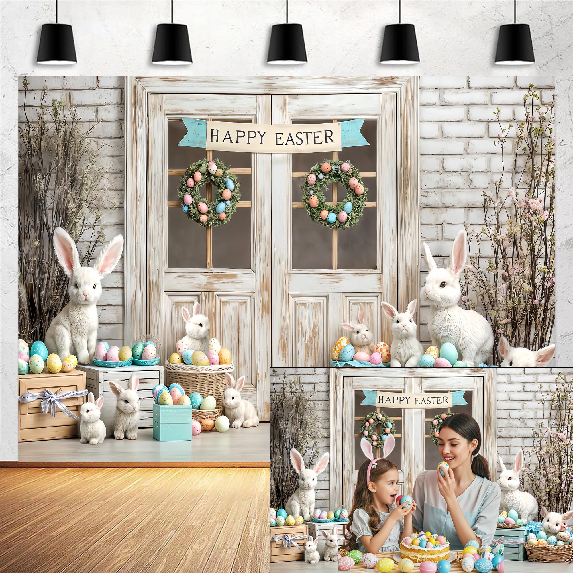 - 7x5ft Spring Easter Photography Backdrop Rabbit Eggs Wooden White Brick Wall Flowers Grass Background Bunny Easter Party Portrait Decorations Baby Shower Kids Birthday Party Banner Photo Booth Props
