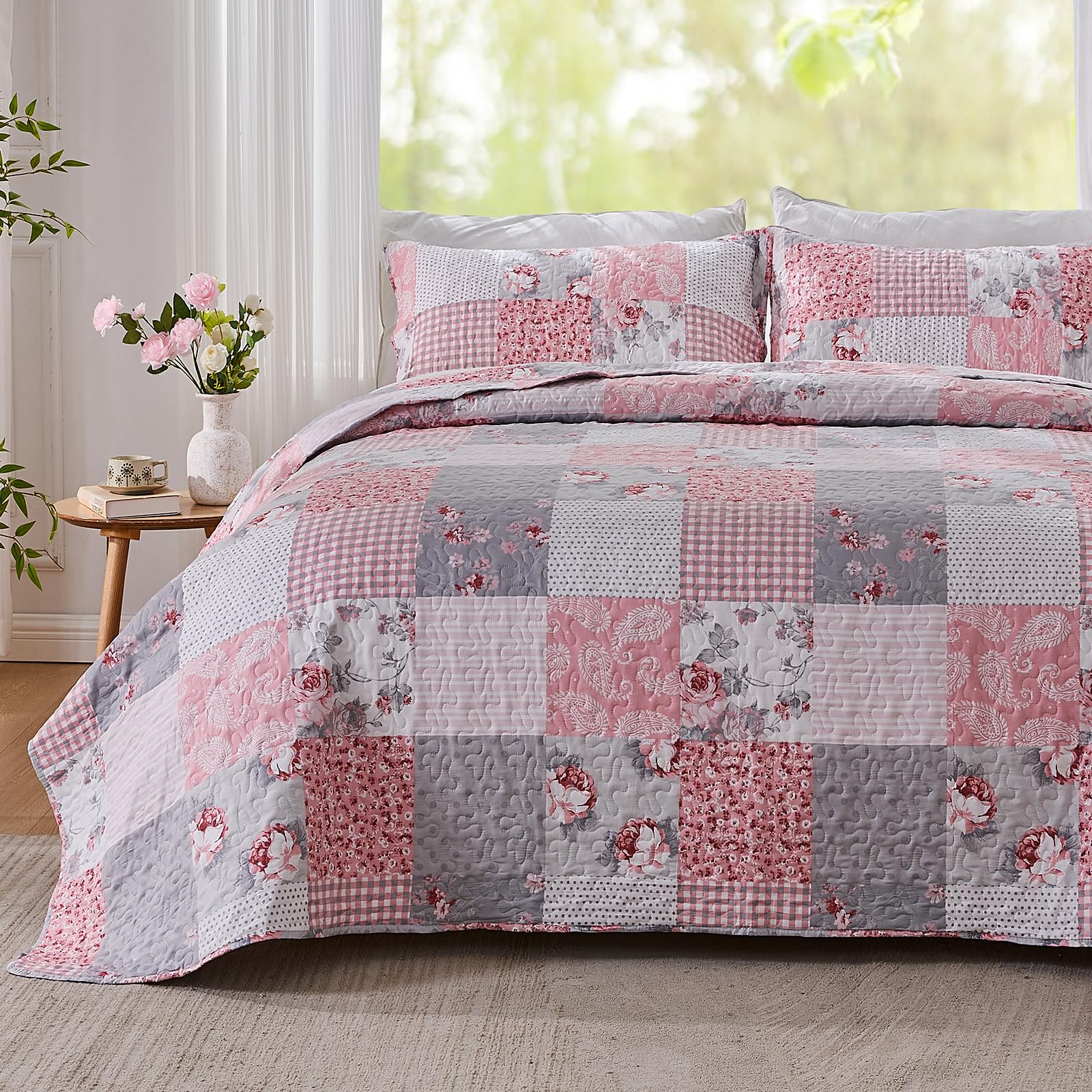 Übergroße Tagesdecke King-Size 304,8x304,8 Cm – 100% Baumwolle, Vintage Blumenmuster, Wendbar, 3-teilig, Blau/rot
