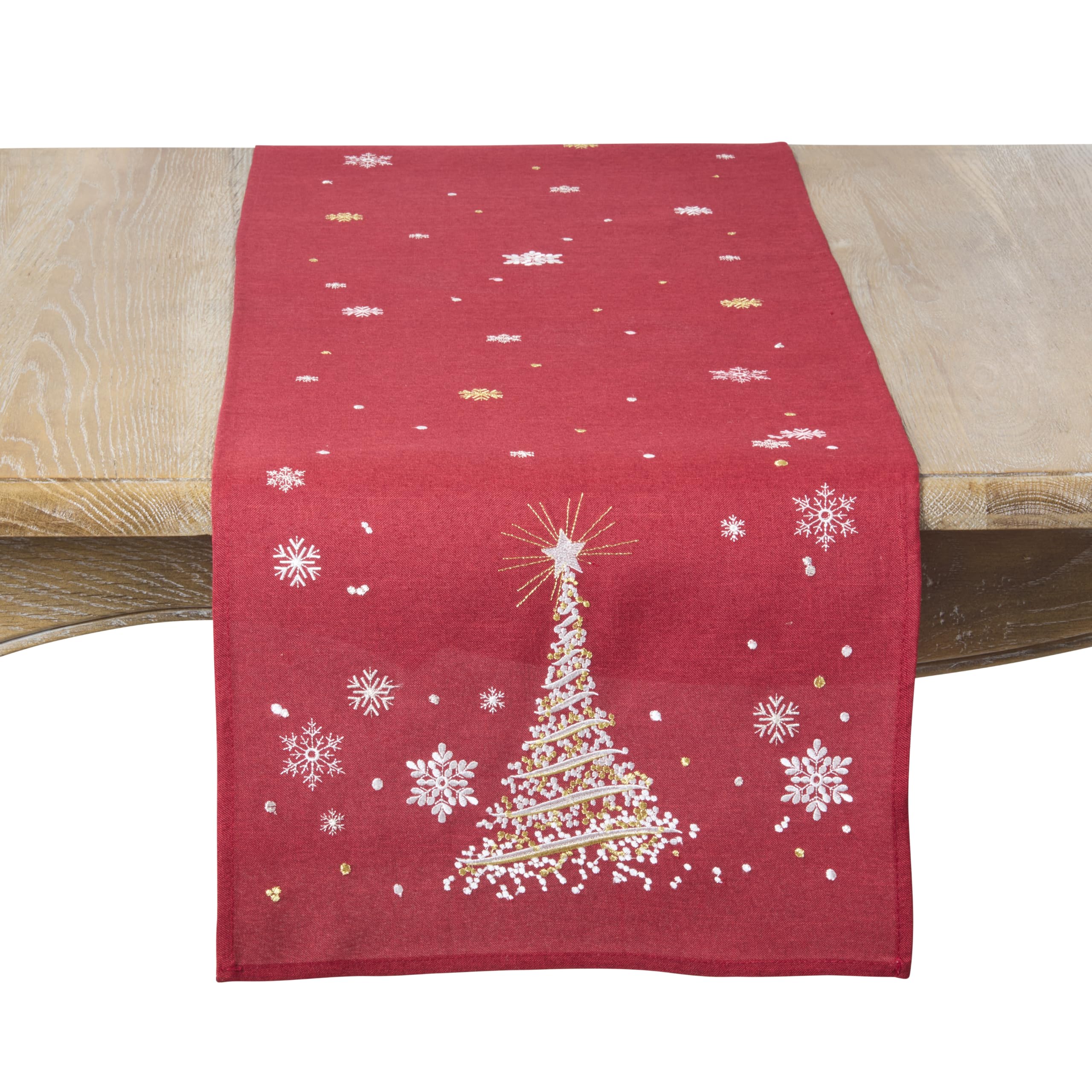 SARO LIFESTYLE Embroidered Christmas Tree Table Runner - Holiday Table Runner for Christmas Dining Table, Festive Winter Entertaining, Seasonal Table Décor, and Holiday Tablescapes, 16"x70", Red