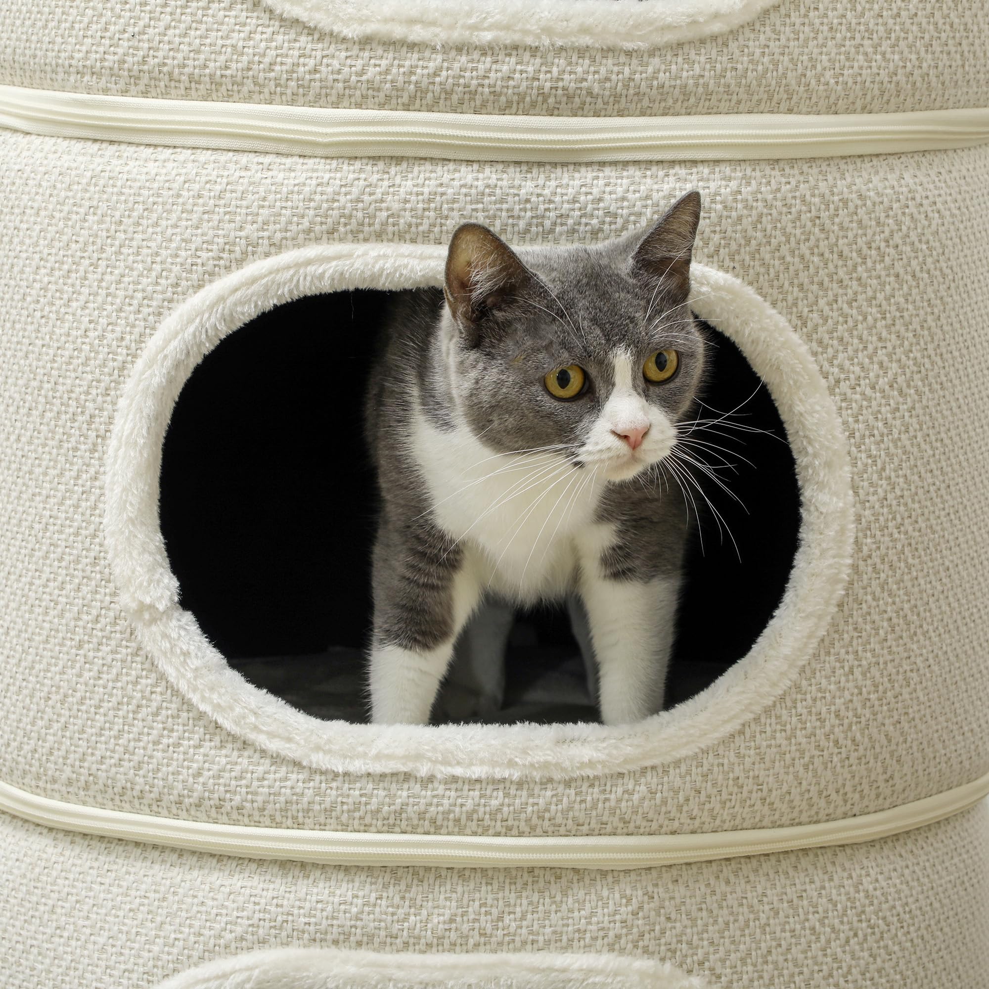 PawHut Tonneau à griffer, 100 cm de Haut Tonneau à Chat avec 3 cavités, Arbre à Chat avec balles de Jeu, Tour pour Chats en sisal, pour Chat jusqu'à 6 kg, Beige+CrèmeBlanc