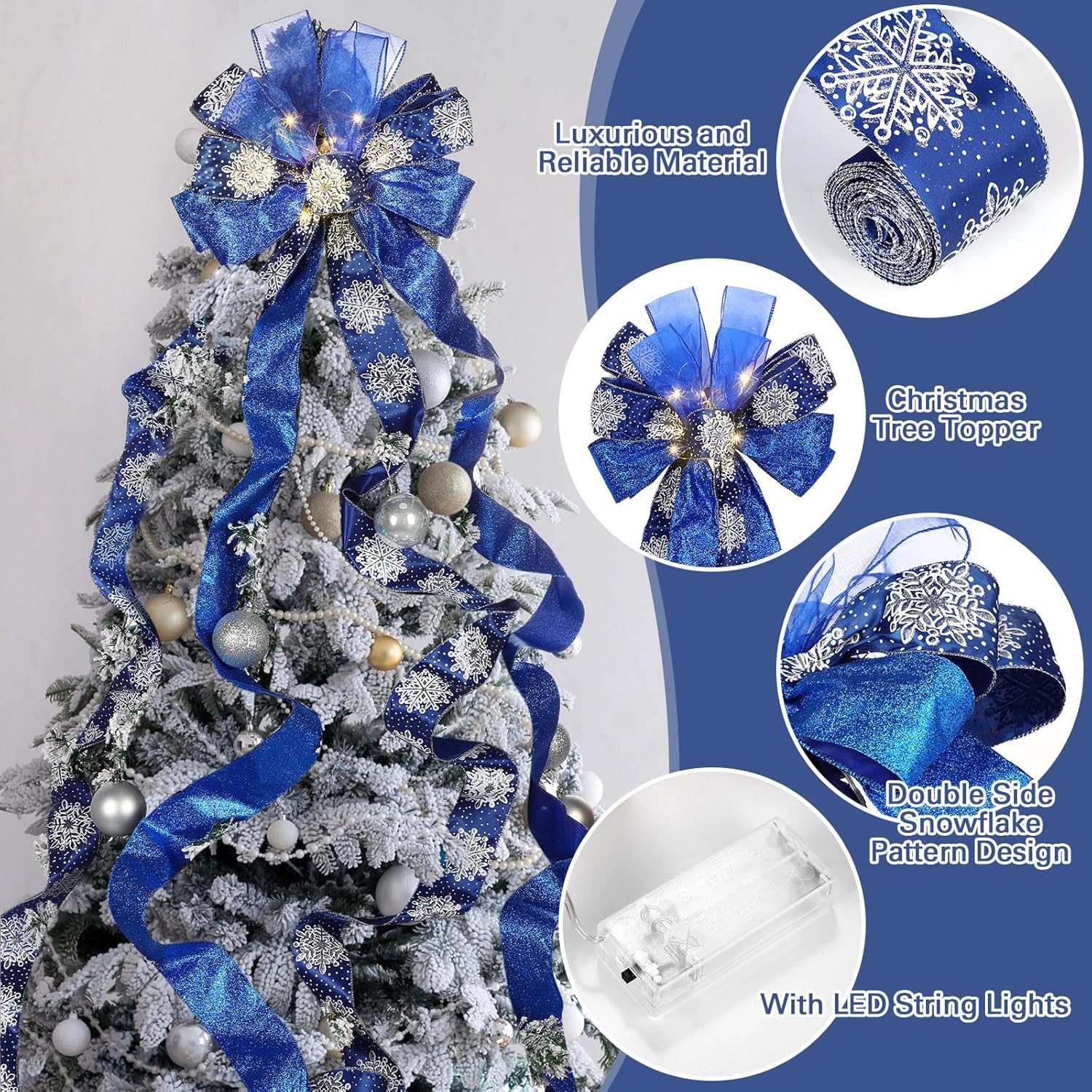 Large Christmas Tree Topper Bow 12.6 X 118 inch Lighted up Christmas Bow with 4 X 3 Yards Ribbon Streamers for Xmas Christmas Tree Decor(Blue)