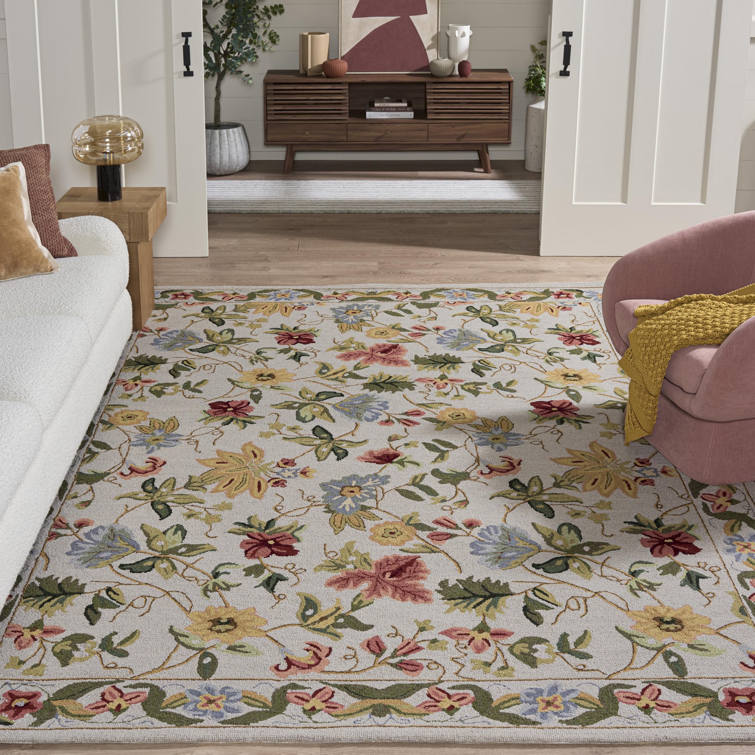 アジアン　ヴィンテージ　手編み布 約40cm x 300cm Someplace In Time Ivory Hand Knotted Afghan Wool Rugs - Ea-1511
