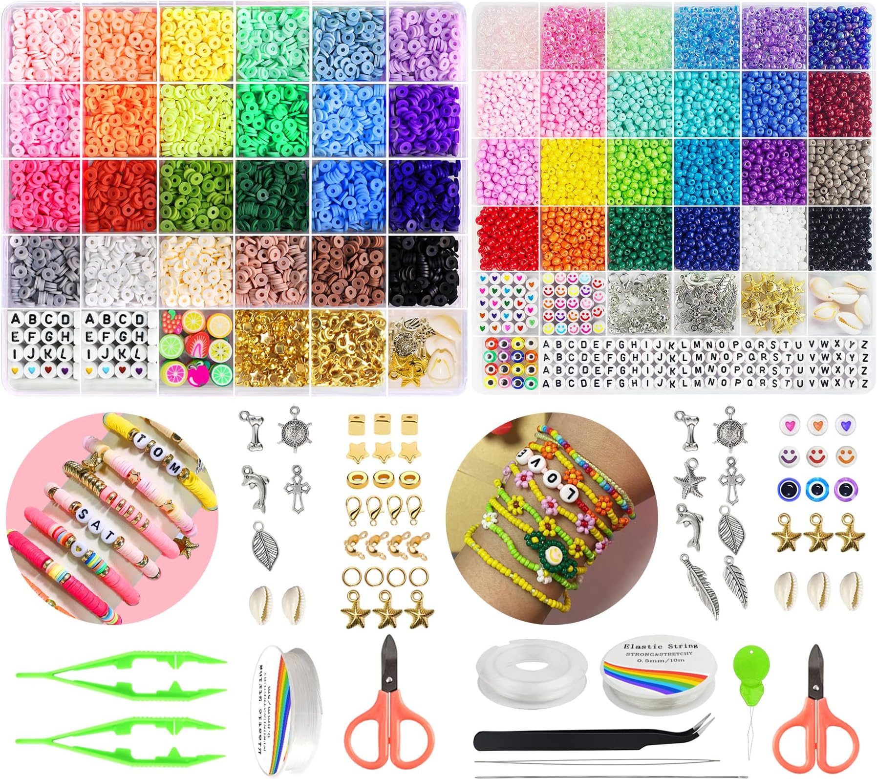 Redtwo4200 Pcs Clay Beads with 3400 Pcs Seed Beads Bracelet Making Kit, Friendship Preppy Flat Polymer Heishi Beads Jewelry Kits with Charms, Gifts for Teen Girls Crafts for Girls Ages 8-12.