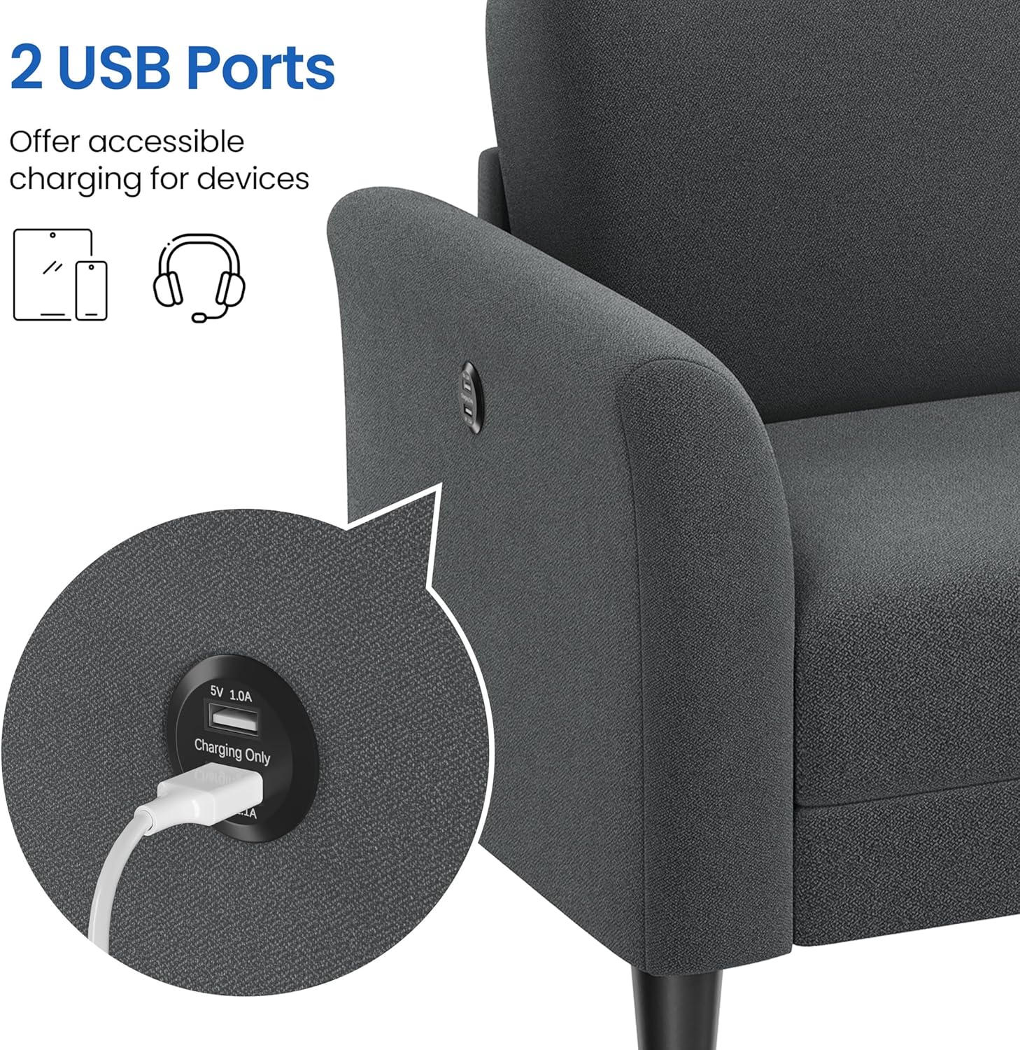 Close-up of the USB charging ports on the sofa armrest