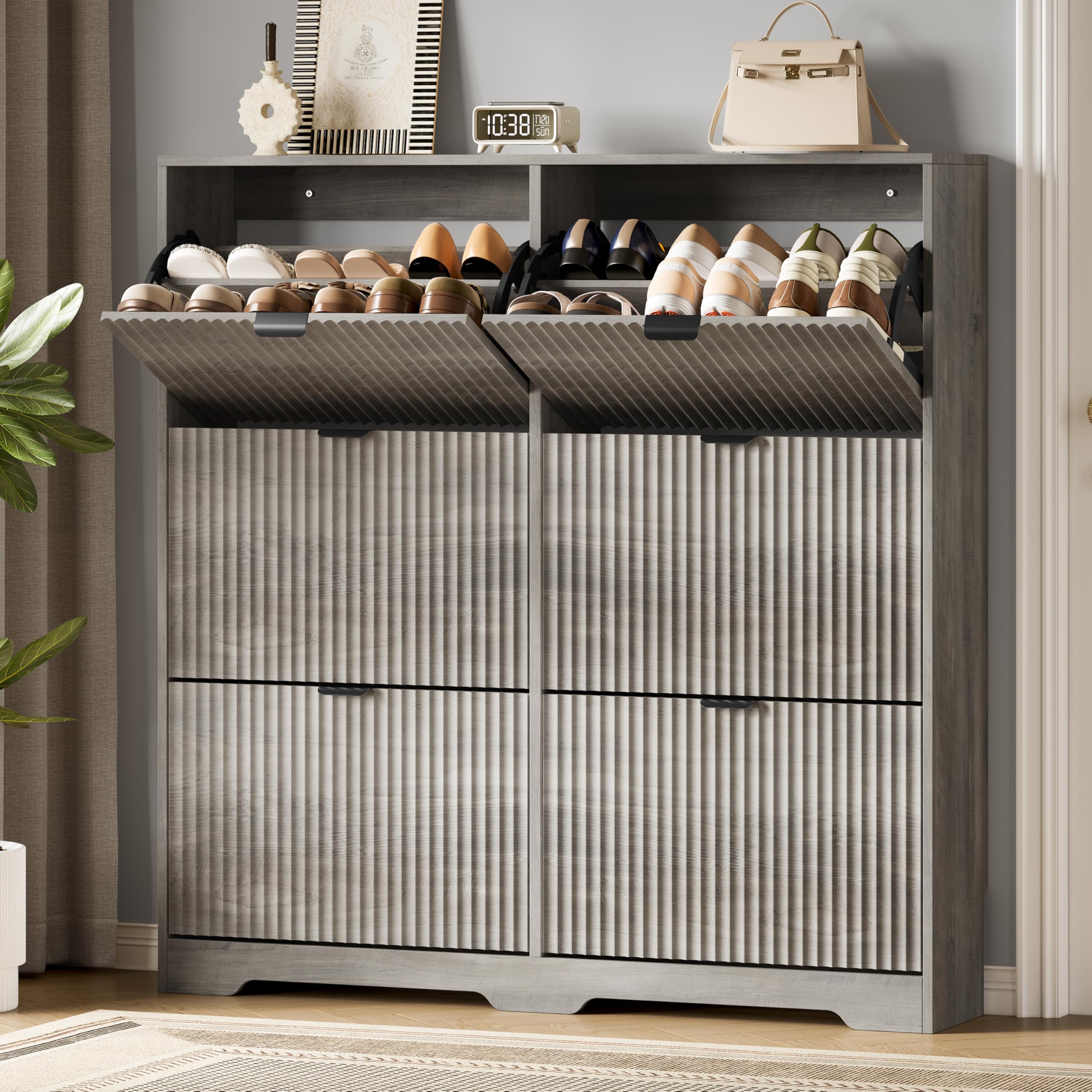 Xixini Shoe Storage Cabinet for Entryway with 6 Flip Drawers, Hidden Slim Wood Shoe Organizer with Modern Fluted Panel, Freestanding Narrow Shoe Rack for Front Door Entrance, Hallway, Foyer, Grey