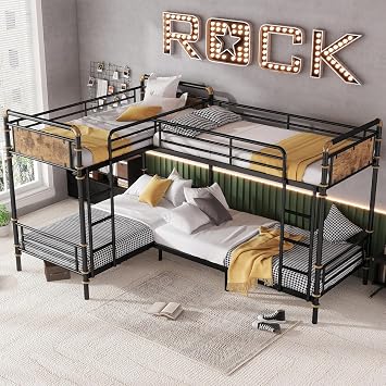 Quad Bunk Bed for 4 Kids, L-Shaped Bunk Bed Frame with Comfort Rungs, Industrial Twin Over Twin Metal Bunk Frame for Teens Girls Boys,Black with Gold Pipe Design