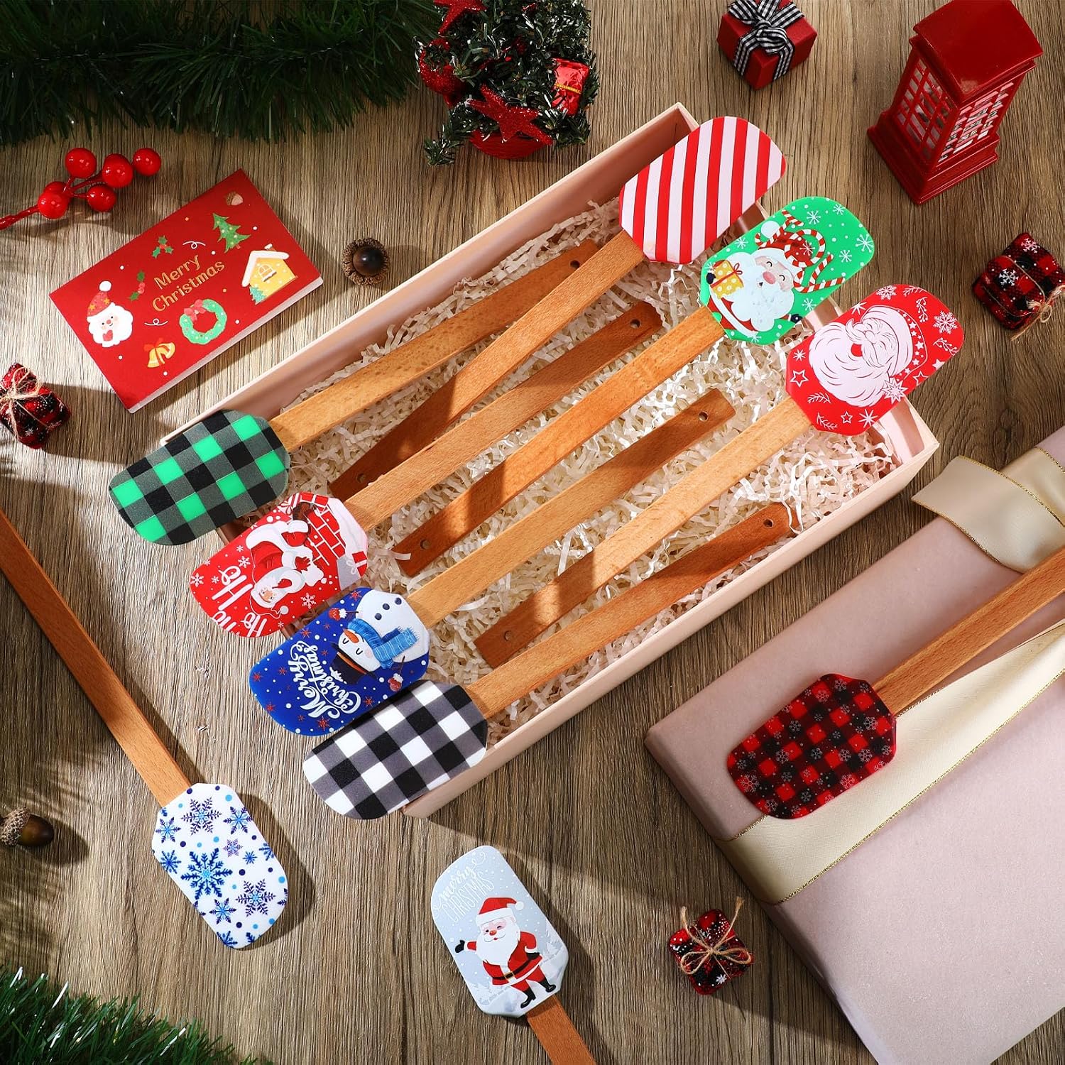 Nitial 10 Pieces Christmas Silicone Spatula Gift Set with Wooden Handle Santa Baking Kitchen Spatula with Christmas Cards for Women Cooking Housewarming (Retro Color)