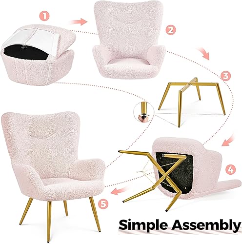 Miniatura 7 de Yaheetech Silla decorativa con otomana, sillón de tela Boucle, silla de tocador moderna y acogedora con patas doradas para sala de estar, salón,