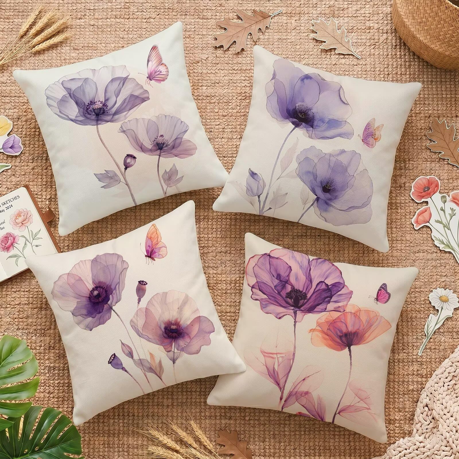 Housse coussin extérieur imperméable 45x45 double face lin lot de 4 pour jardin