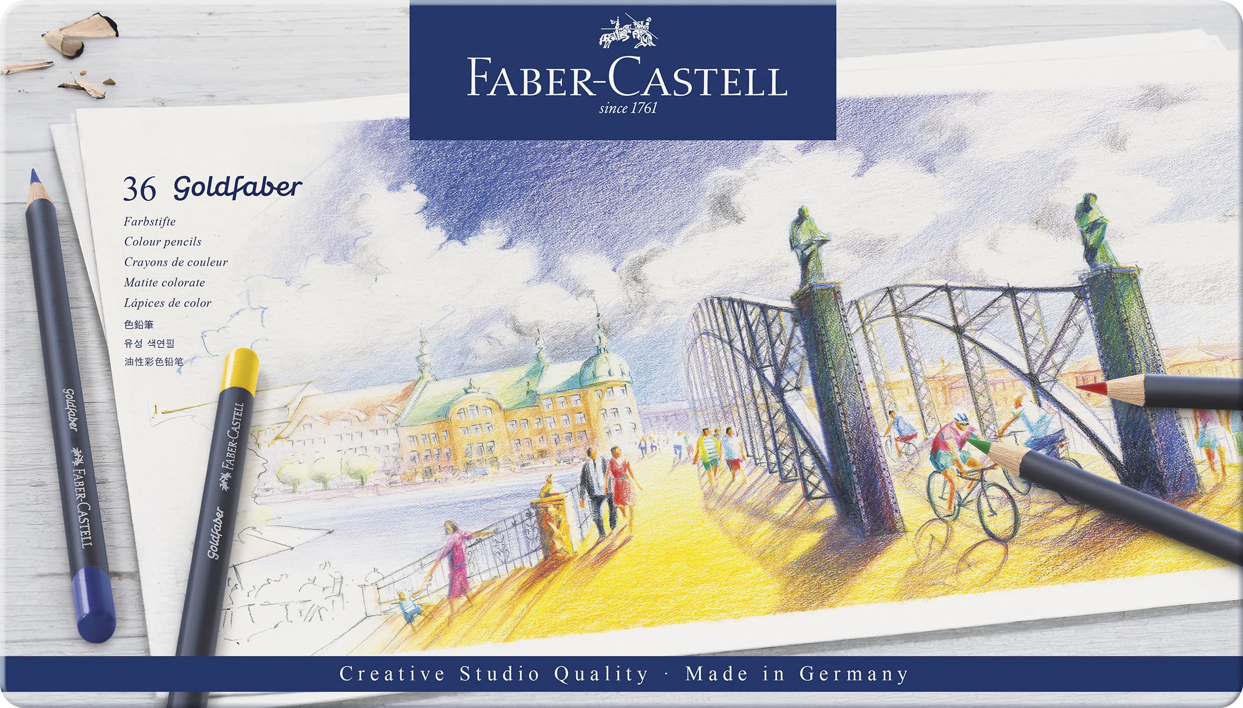 Faber-Castell Goldfaber Buntstifte-Set, Dose mit 36 Stück & Skizzenblock, A4, gummierter Papierblock, 100 g/m², 50 Blatt