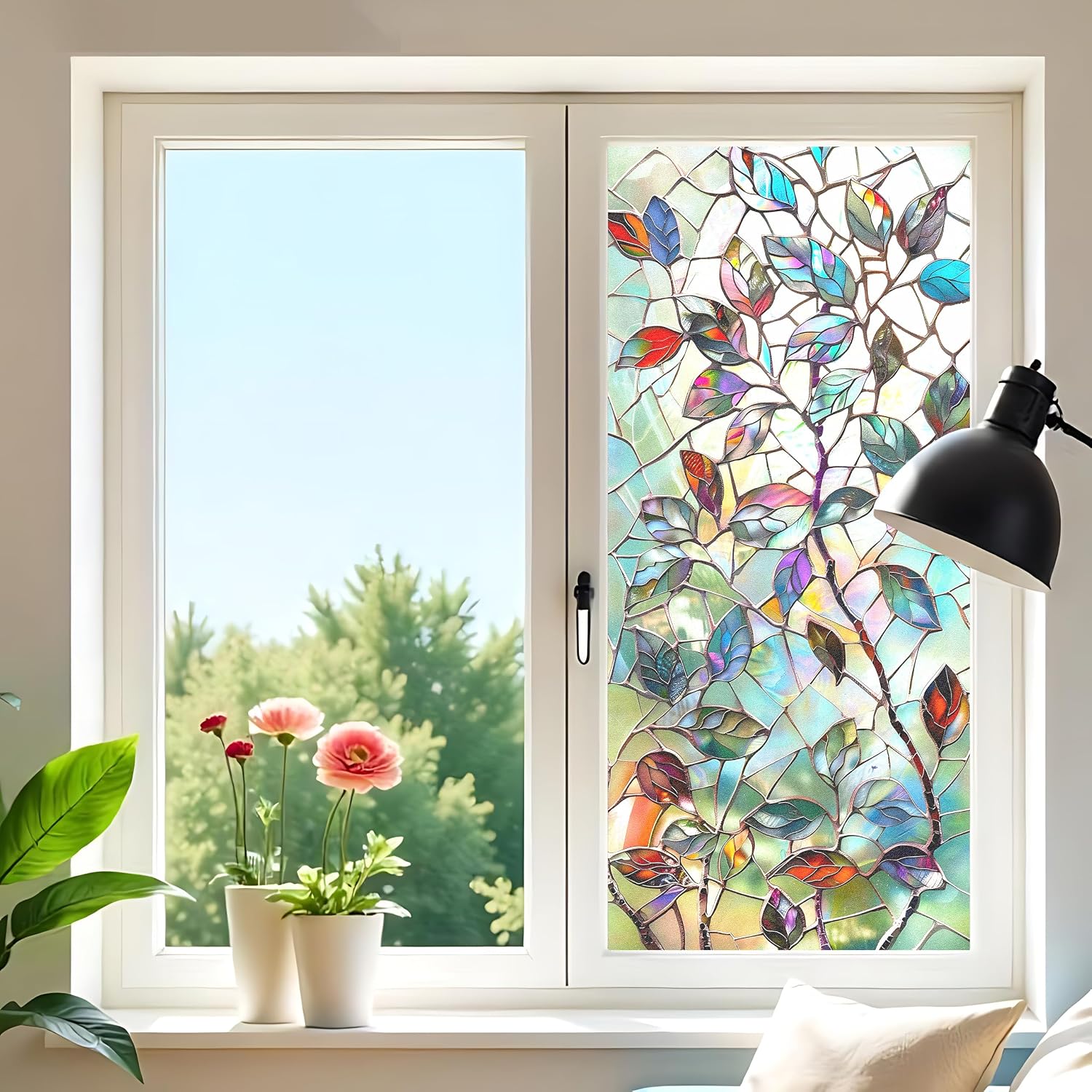 Window Cling Privacy Window Film Frosted Window Film Decorative Window Film 17.5 x 39.4 Inch Stained Glass Leaves Pattern Window Film for Bathroom Kitchen Office Bedroom Glass Door