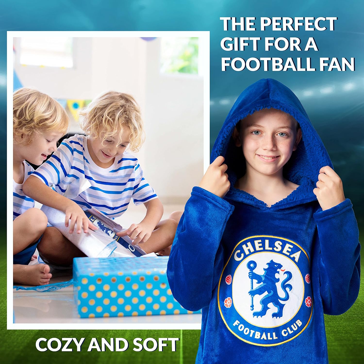 Chelsea F.C. Blanket Hoodie for Kids Teens Fleece Wearable Blanket Cozy Hooded Blanket Sweatshirt with Warm Sherpa Hood Soccer Gifts for Boys