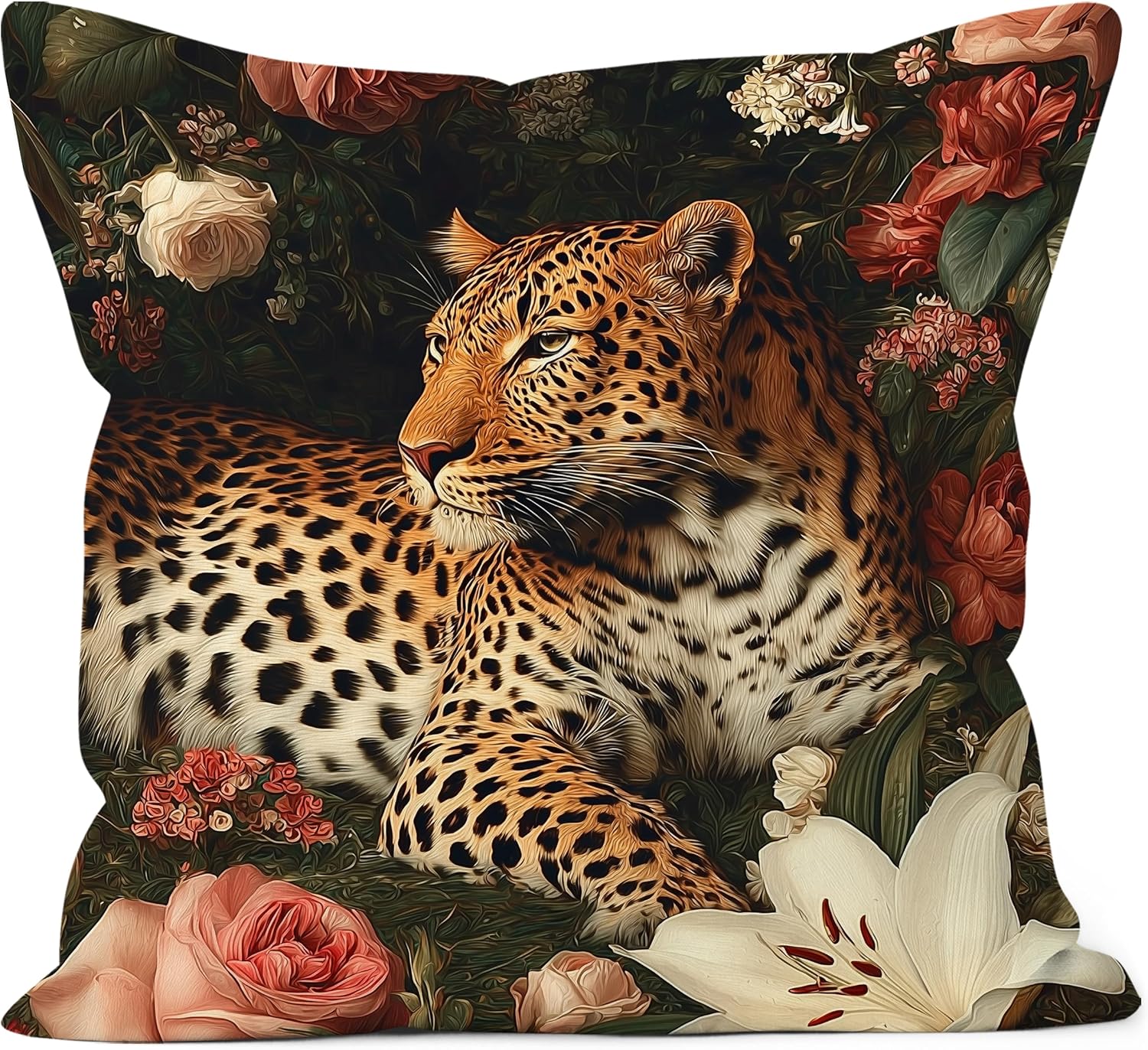 Maximalist Floral Leopard Pillow Cover 18x18 for Women Teen Girls, Eclectic Funky Blooming Cheetah Decorative Throw Pillow Case for Home Bedroom Dorm Apartment