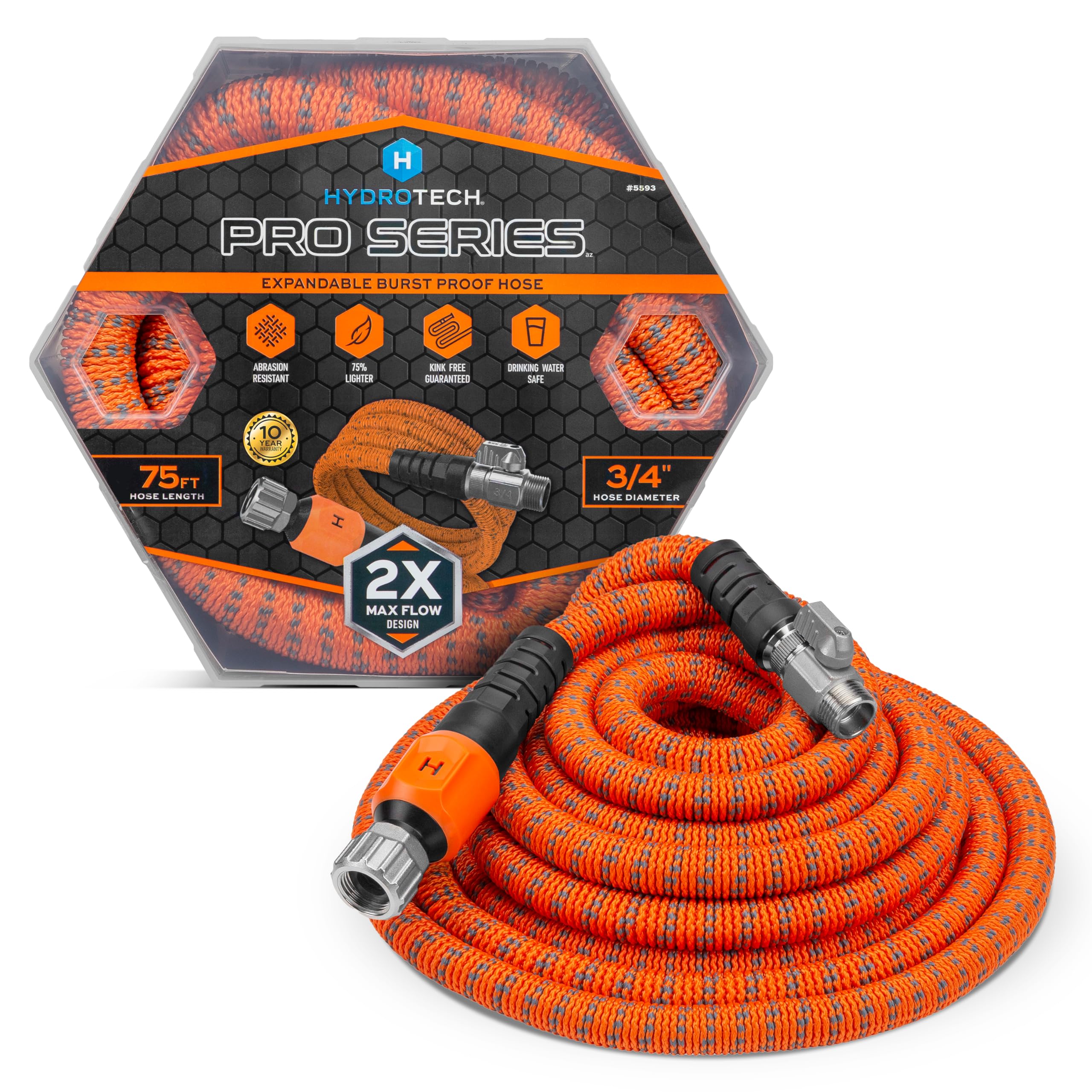 HydroTech 75FT Pro Series 3/4" Expandable Burst Proof Garden Max Flow Hose – Lightweight & Durable – Features Flow-Control Shut-Off & Strain Relief Guard