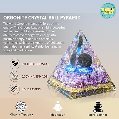 Vista 3 de Amethyst Orgone Pyramid Crystal for Positive Energy - Black Obsidian Sphere Orgonite Pyramid Crystals - Meditation Aids Sleep Crystal Energy Orgone