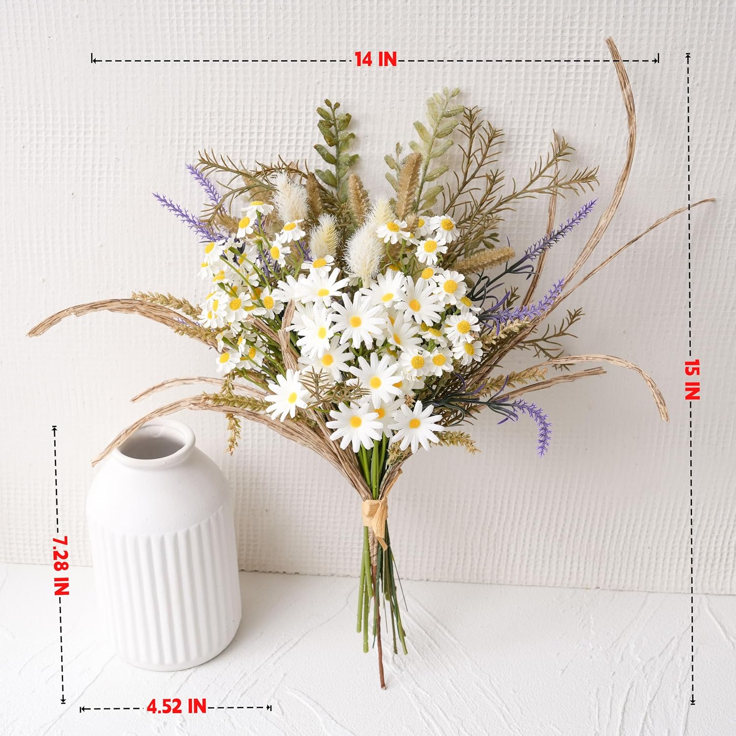 Artificial Flowers with White Ceramic Vase – Spring Farmhouse Floral Centerpiece Table Decorations, Faux Lavender & Daisy Flower Arrangement for Coffee Table, Dining Room, Living Room & Home Decor