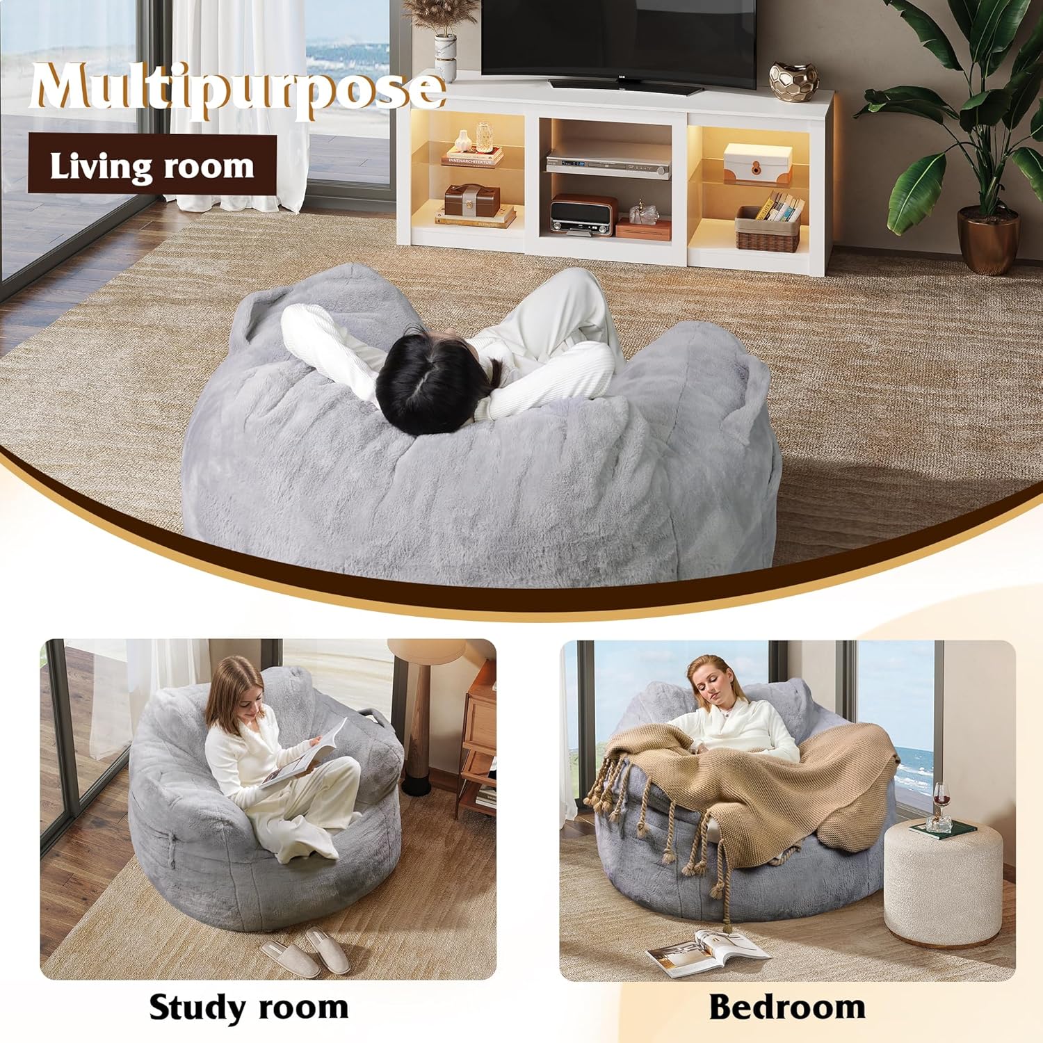 WLIVE 43'' Giant Bean Bag Chair, Bean Bag Sofa with Armrests for Adults, Bean Bag Couch with High-Density Memory Foam for Livingroom, Bedroom, Grey