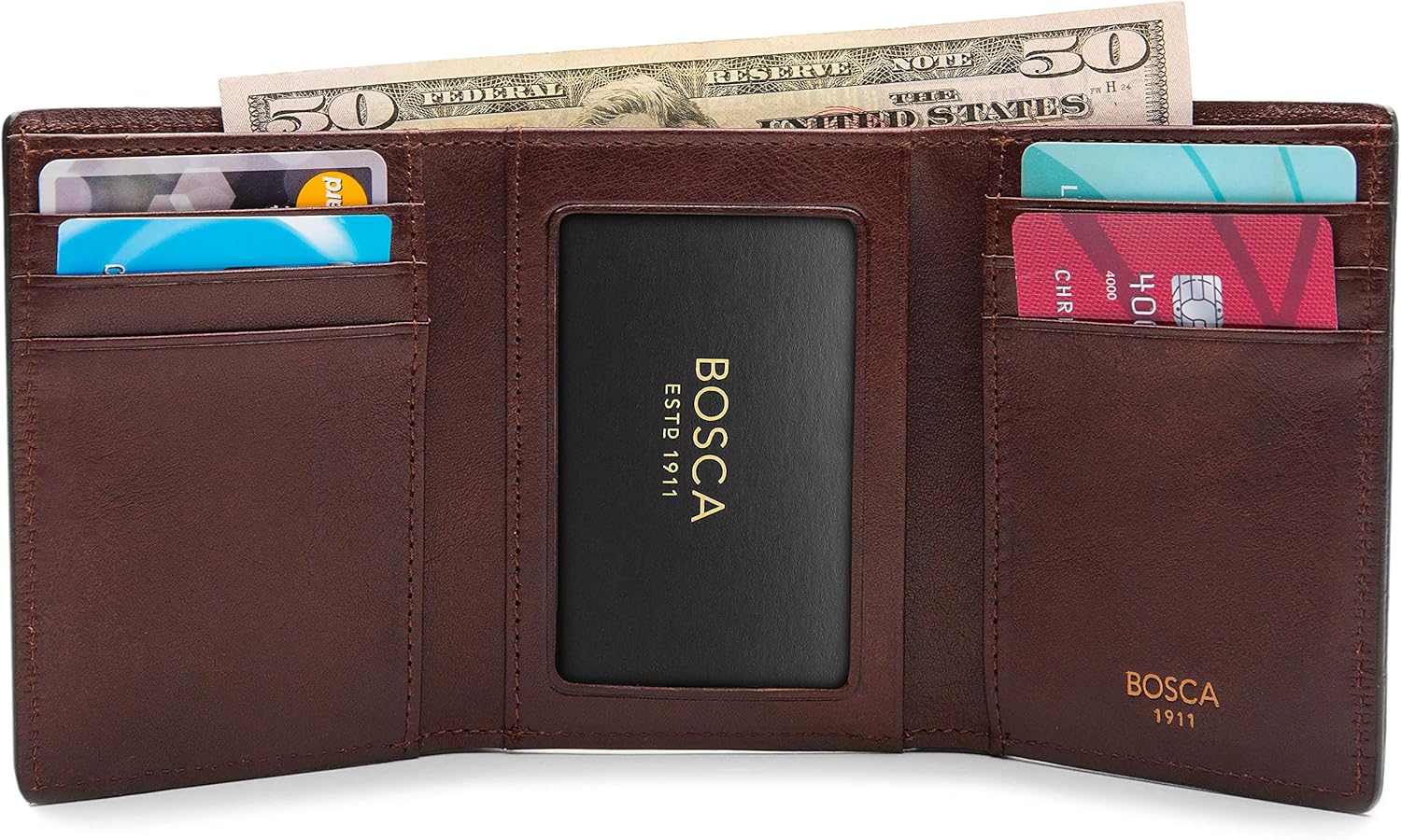 Bosca Men's Wallet, Dolce Leather Double I.D. Tri Fold Wallet with RFID Blocking, Dark Brown - Image 5