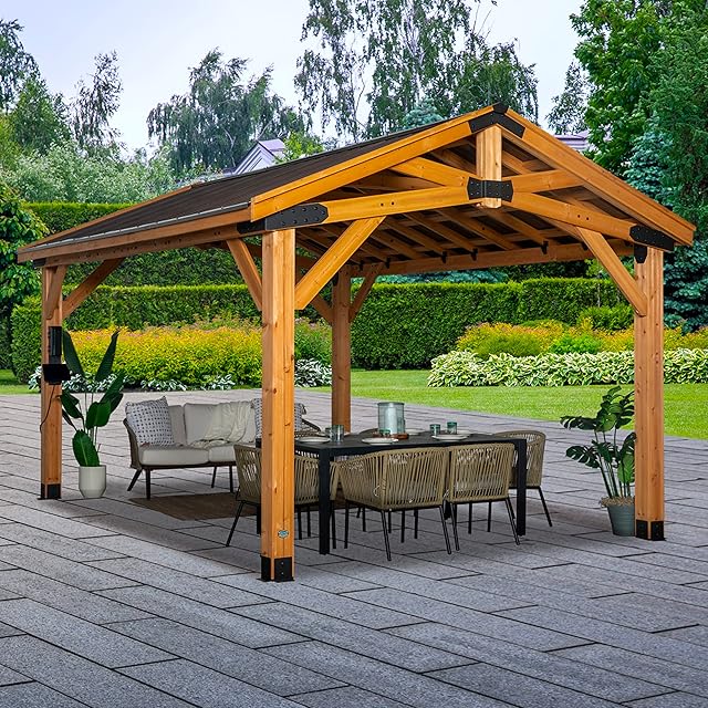 Backyard Discovery Norwood 16 ft. x 12 ft. Cedar Wood Gazebo,Thermal Insulated Steel Roof, Durable, Supports Snow Loads and Wind Speed, Rot Resistant, Backyard, Deck, Garden, Patio Light Brown