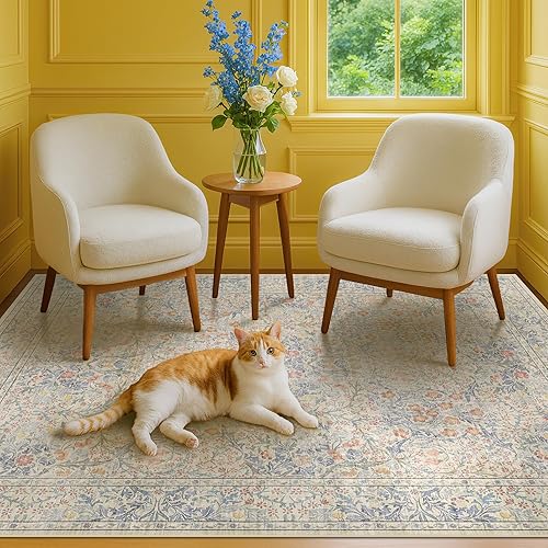 Beige Blue Living Room Rug 5x7, Area Rug for Bedroom, Vintage Washable Floral Mat for Nursery, Large Entryway, Low Pile Non Slip Stain Resistance Distressed Retro Indoor (5x7 Beige Blue)