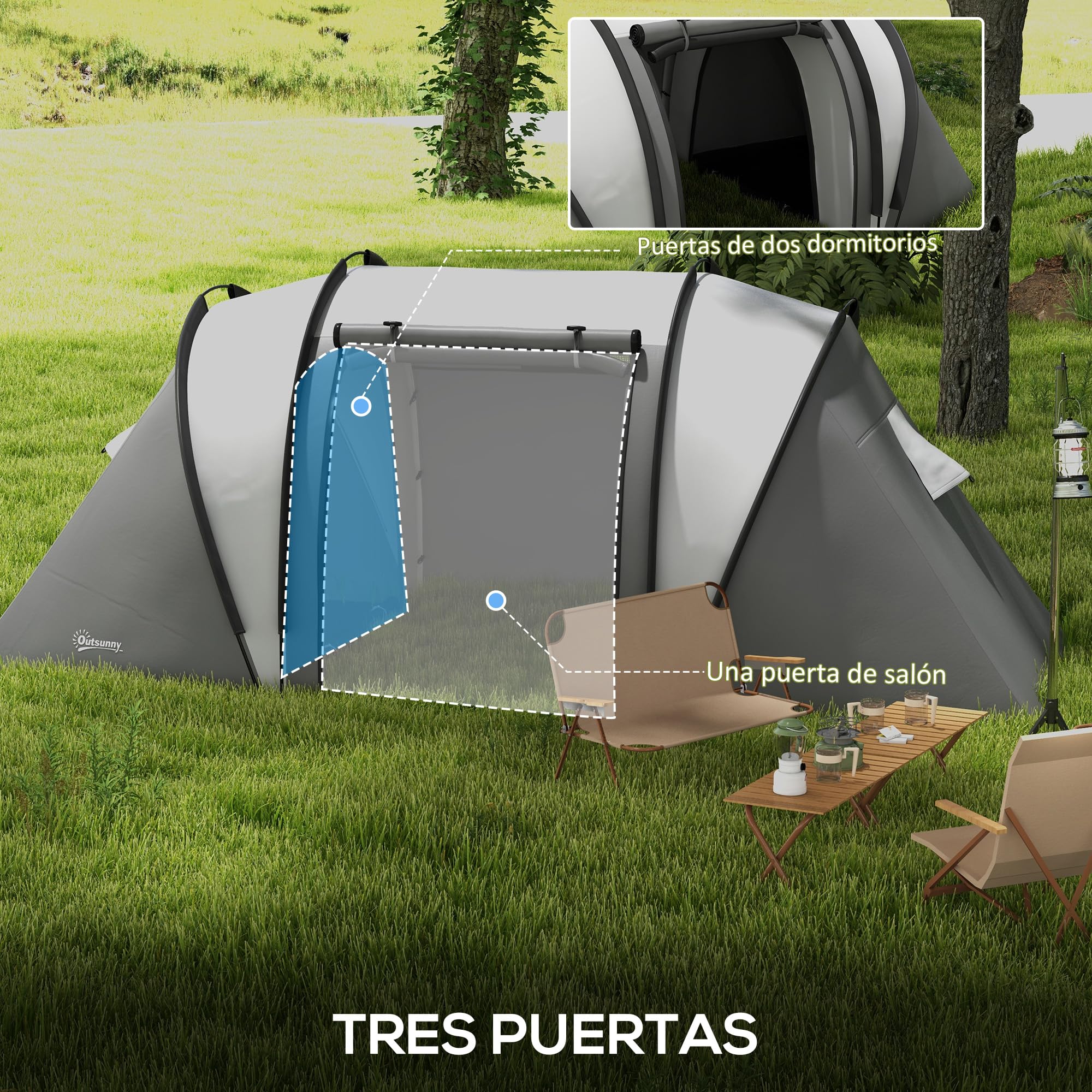 Outsunny Tenda da campeggio per famiglia per 4-5 persone, tenda da campeggio a tunnel impermeabile 3000 mm con 2 camere da letto, borsa da trasporto e gancio per pesca escursionismo