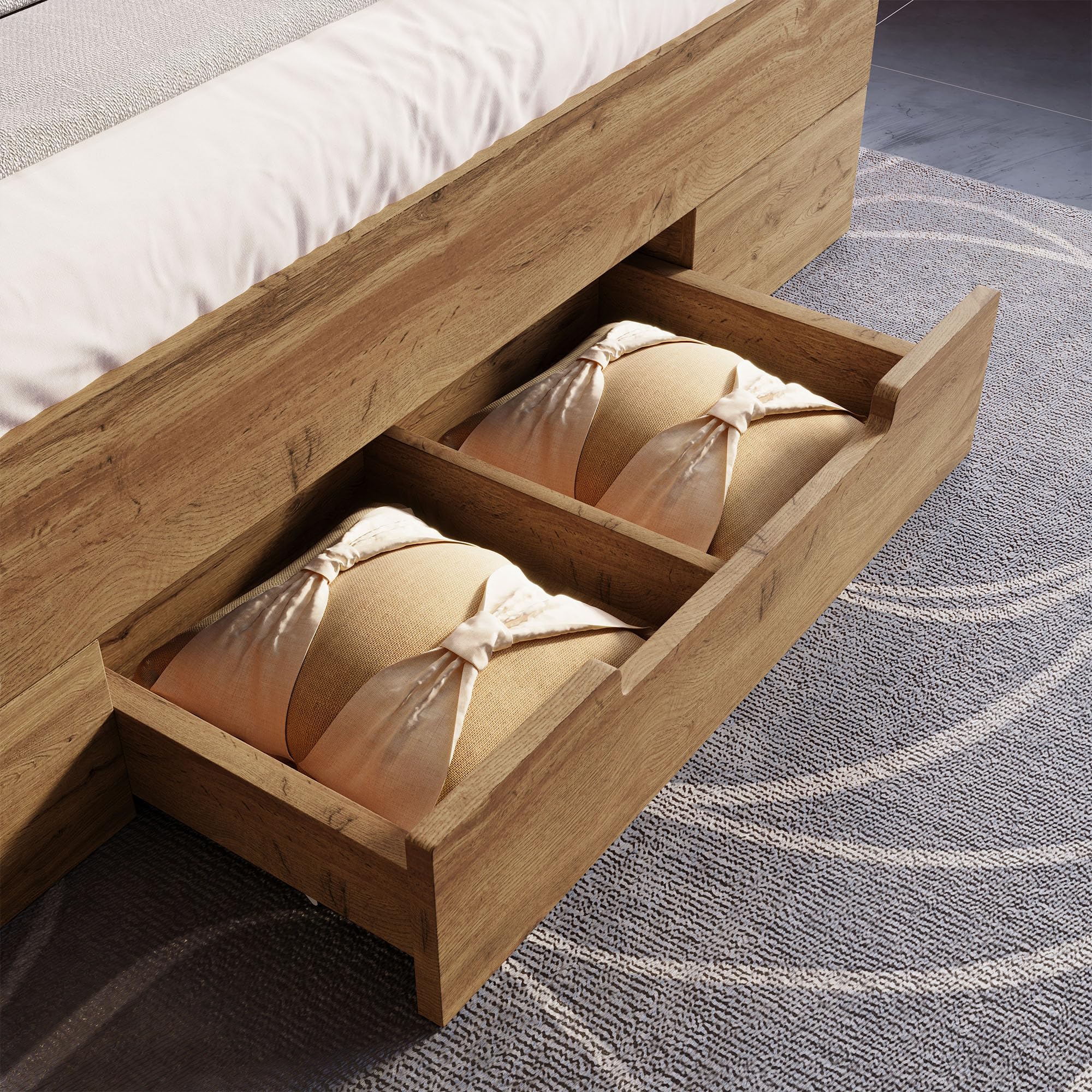 Letto matrimoniale in, letto con illuminazione a LED e testata e cassetti USB C, struttura a doghe in legno, rovere (senza materasso) (160 x 200 cm)
