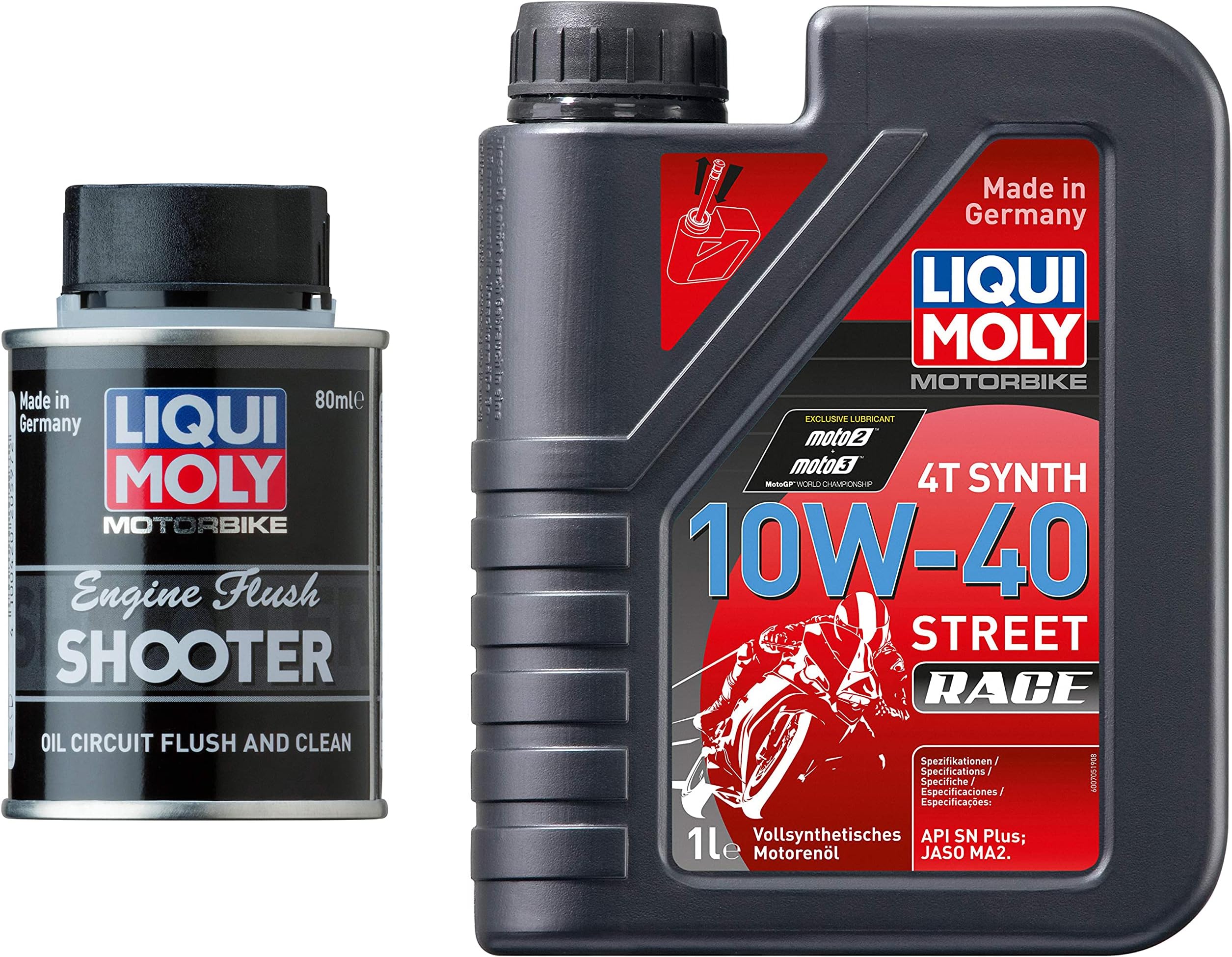 Liqui Moly-LM045 20597 Motorbike Engine Flush Shooter (80 ml) + LIQUI MOLY 20753 Motorbike 10W-40 Race (1 Litre)