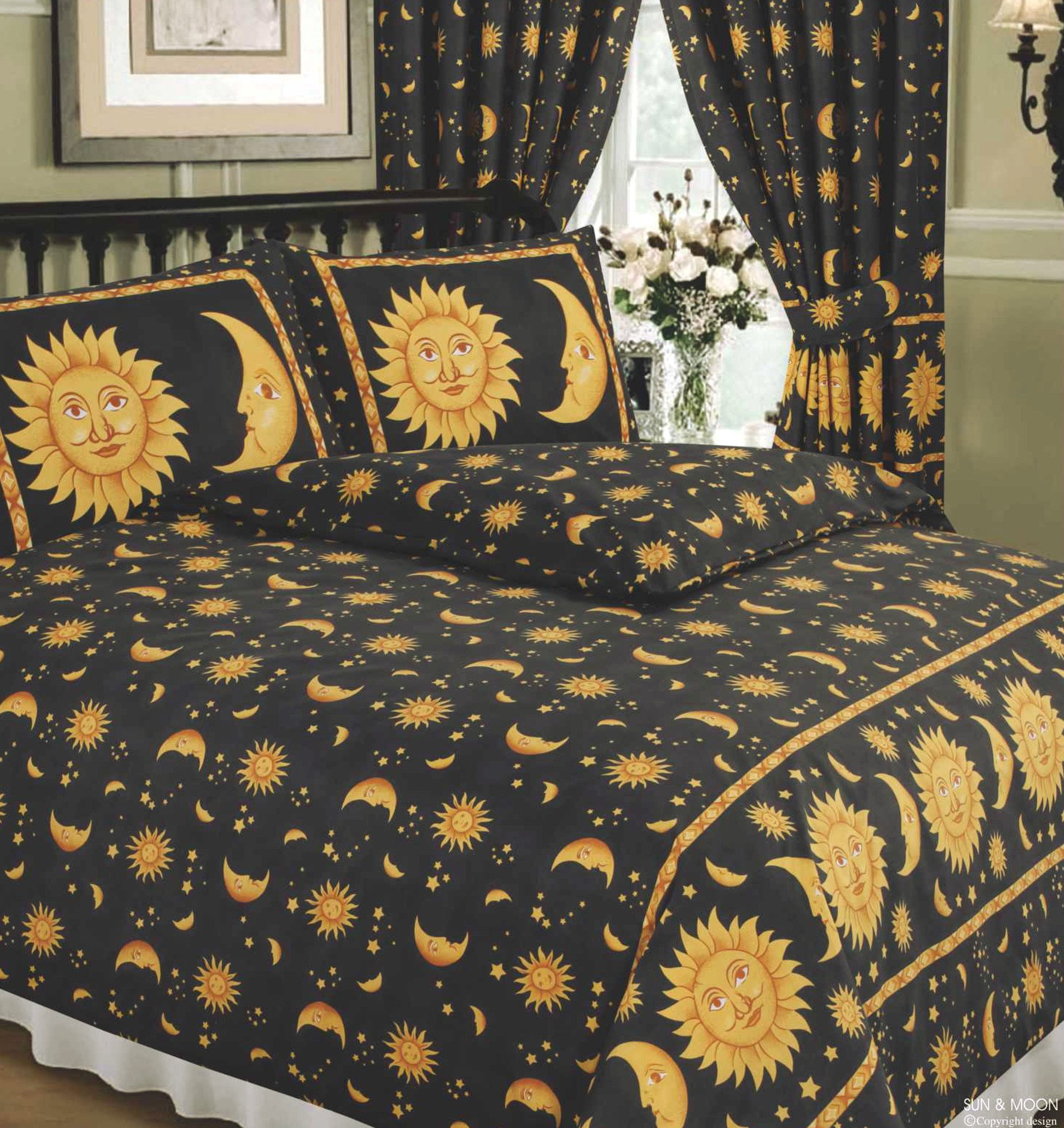 King Size Bed Sun and Moon Black Duvet Cover Set Crescent Moon Stars Space Speckle Yellow Gold