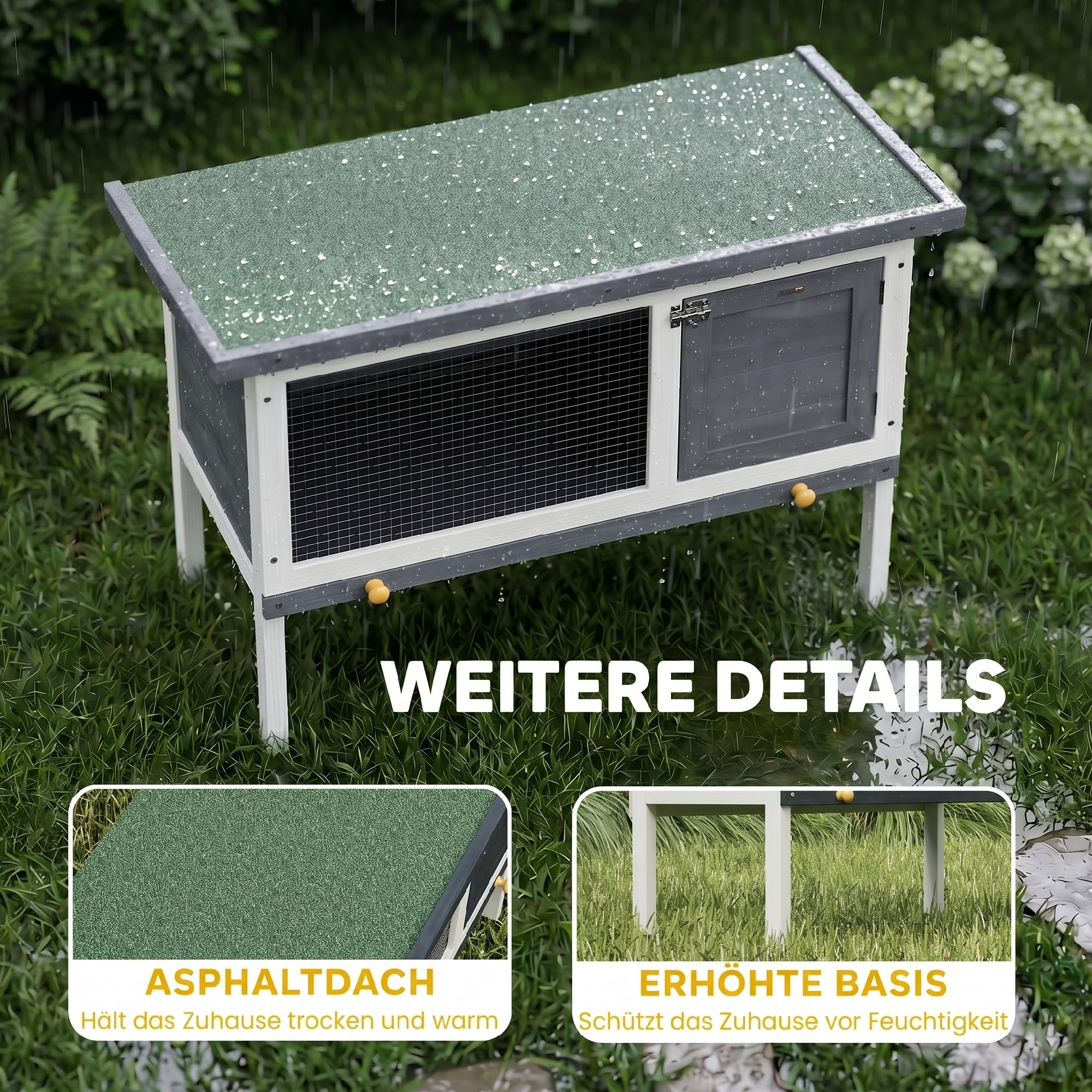 PawHut Hasenstall Kaninchenstall aus Holz 90x45x65 cm erhöhter Kaninchenkäfig mit aufklappbar Bitumendach, herausziehbarer Schublade, Tür, Metallgitter, Hasenkäfig für Kleintiere Outdoor Grau