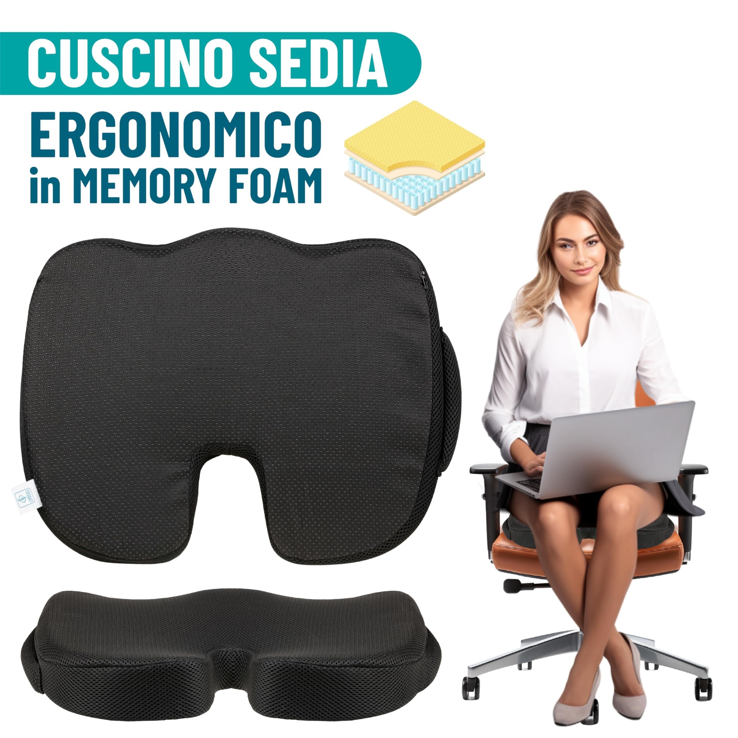 MAZZINI Cuscino Lombare Auto Memory Foam – Supporto Schiena Ergonomico per Sedia Ufficio e Auto | Antiscivolo, Sfoderabile, Ideale per Dolori Lombari, Postura e Antidecubito
