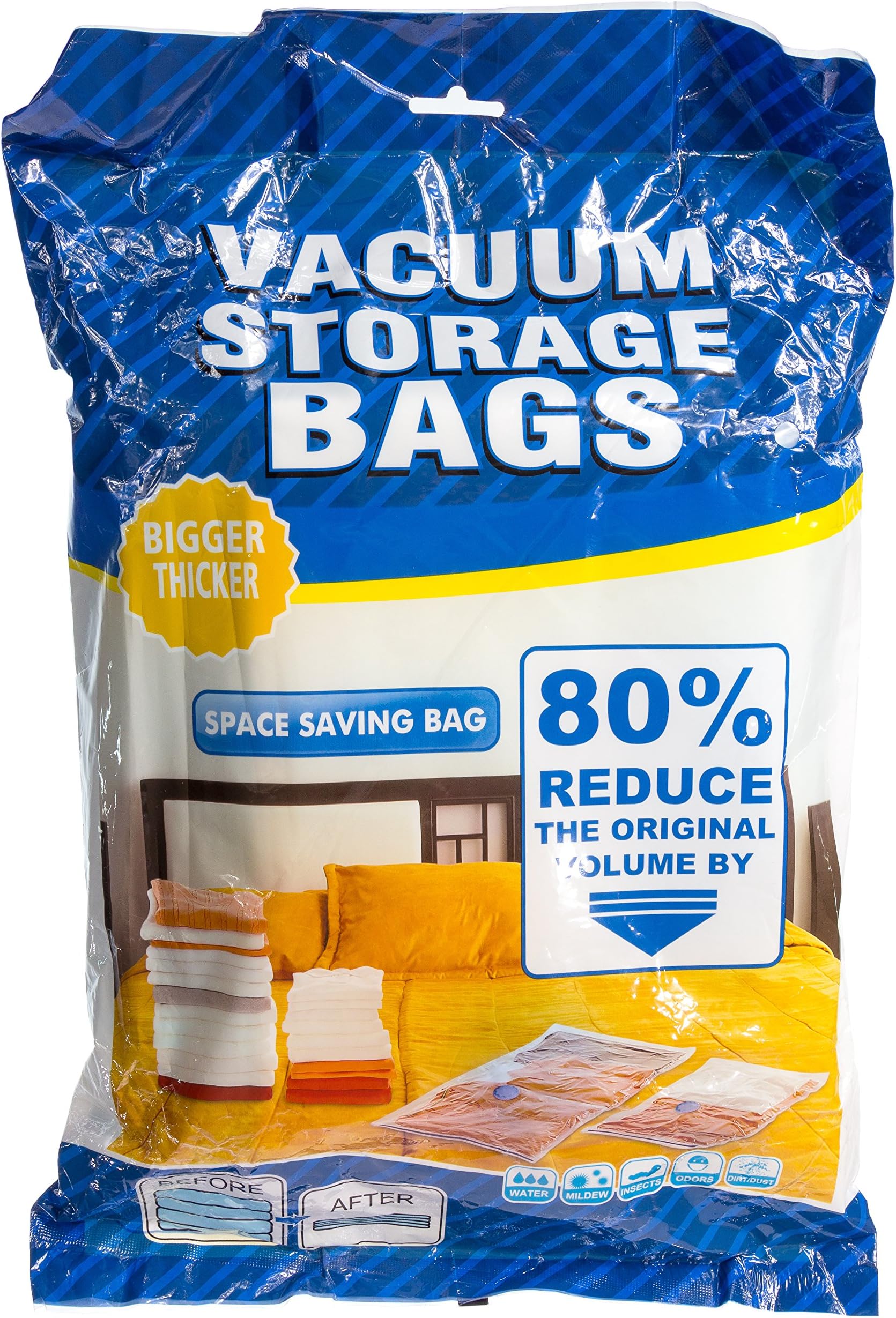 Multipurpose Premium Vacuum Storage Bags work with any vacuum cleaner OR bonus hand-pump. Great for traveling - PLUS 1 roll up space saver bag (no vacuum needed) perfect size for luggage