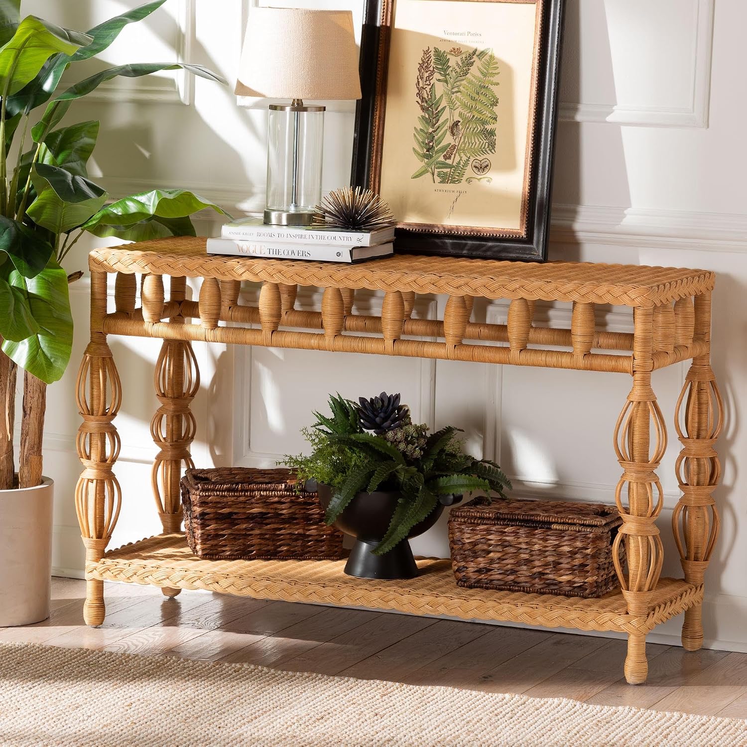 Bali & pari Dolby Natural Rattan Console Table - Handwoven Wicker Accent Table with Openwork Design and Lower Shelf, Coastal Boho Style for Entryway or Living Room
