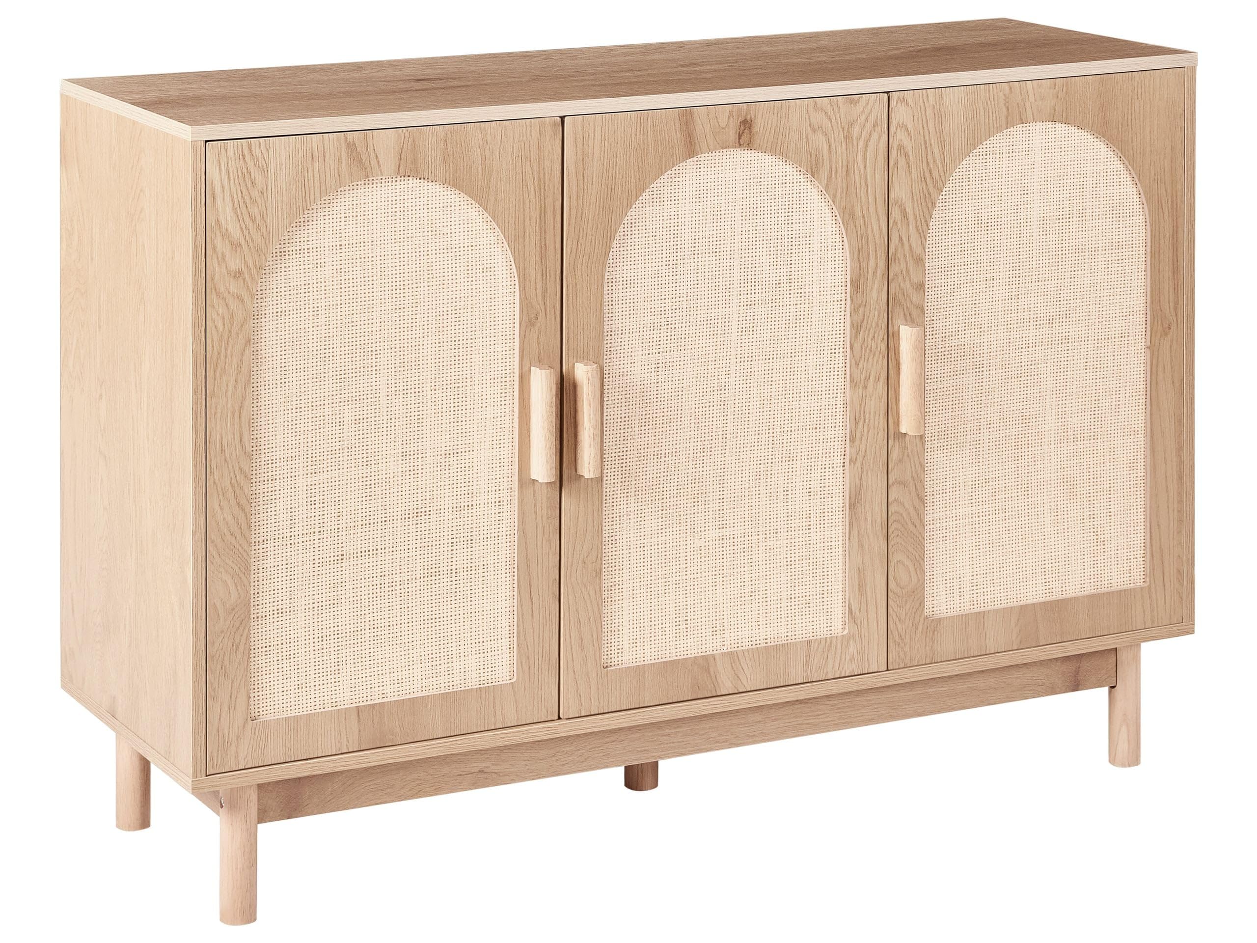 Buffet 3 Portes Panneau Particules Pieds en Bois Façades en Rotin Style Boho Marron Clair Costello