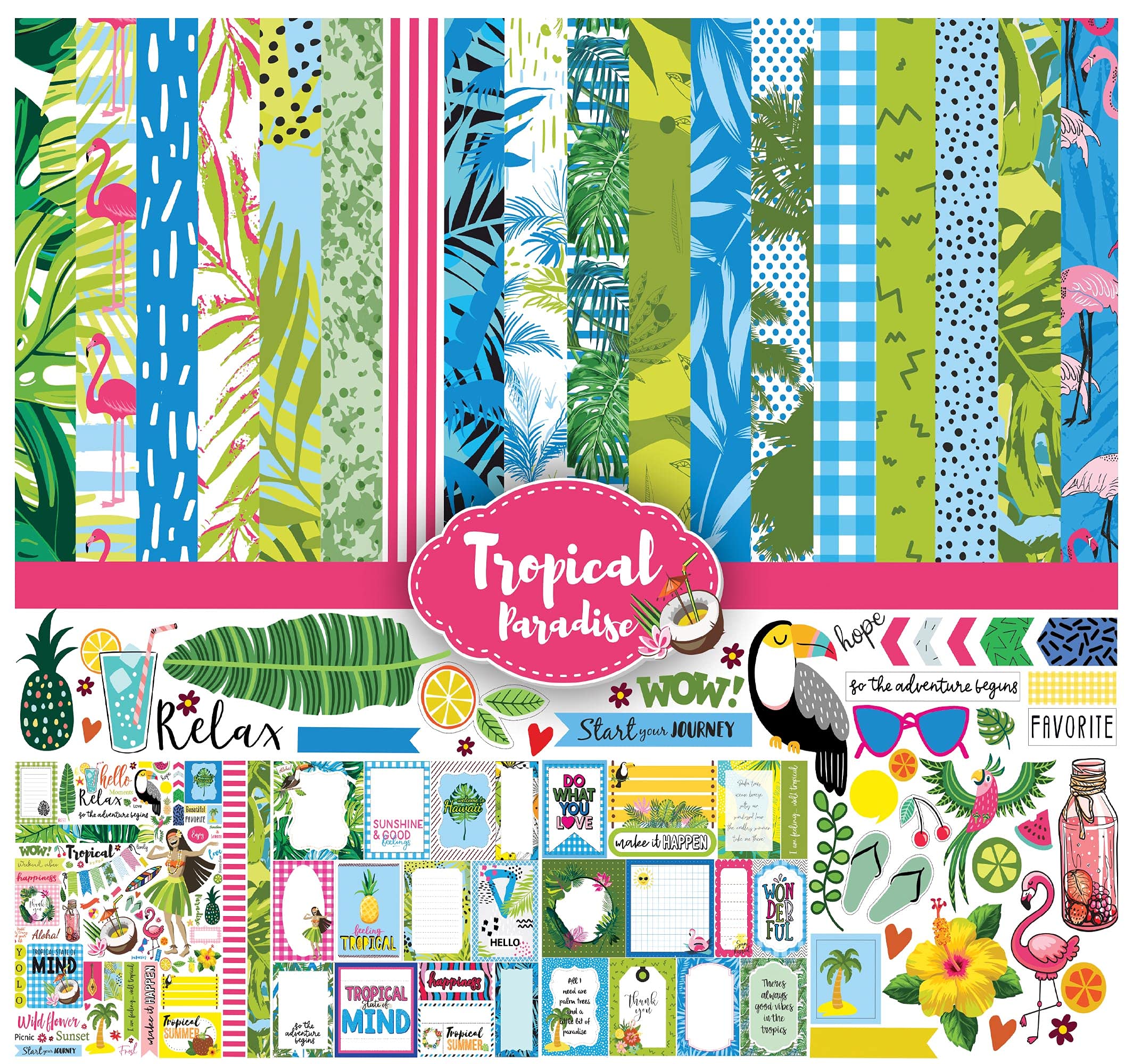 Papier cardstock 12x12 bleu vert scrapbooking Tropical Paradise et planche autocollant