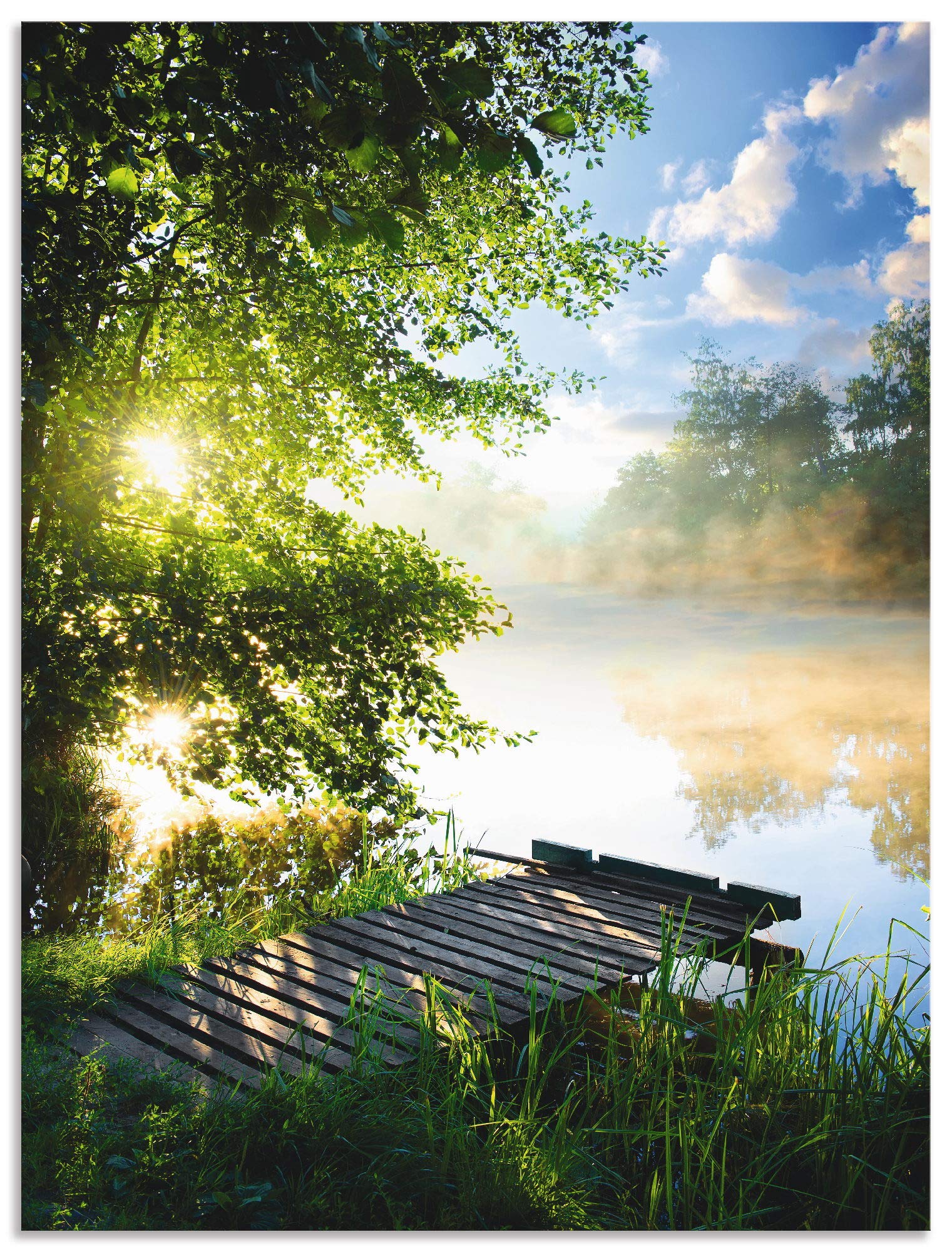 ARTland Wanddeko Wandbild Alu Verbundplatte für Innen & Outdoor Bild 60x80 cm Natur Landschaft Wald Baum See Steg Sommer Sonne Gräser T0WD